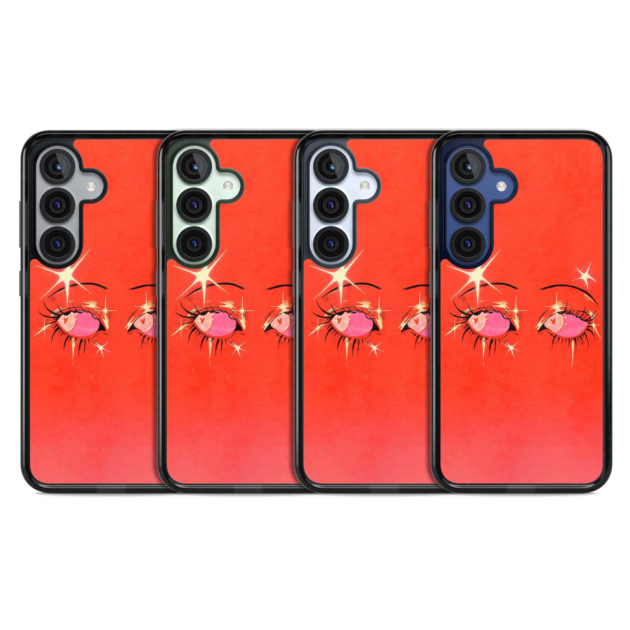 Pink Ethereal Eyes anime iPhone case featuring hand-drawn sparkly eyes with pink hearts and gold stars on red | Black Impact case for Samsung Galaxy S25, Samsung Galaxy S25 Plus