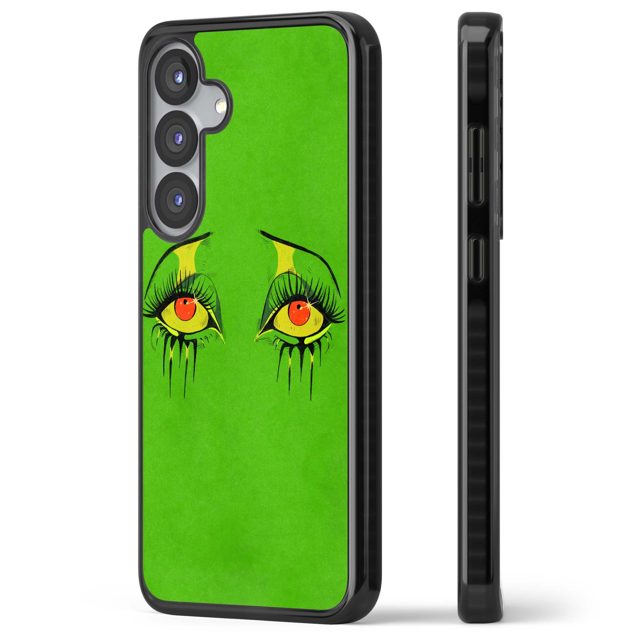 Green Enchanted Eyes psychedelic art iPhone case featuring hand-drawn dripping eyes on neon green background | Black Impact case for Samsung Galaxy S25, Samsung Galaxy S25 Plus