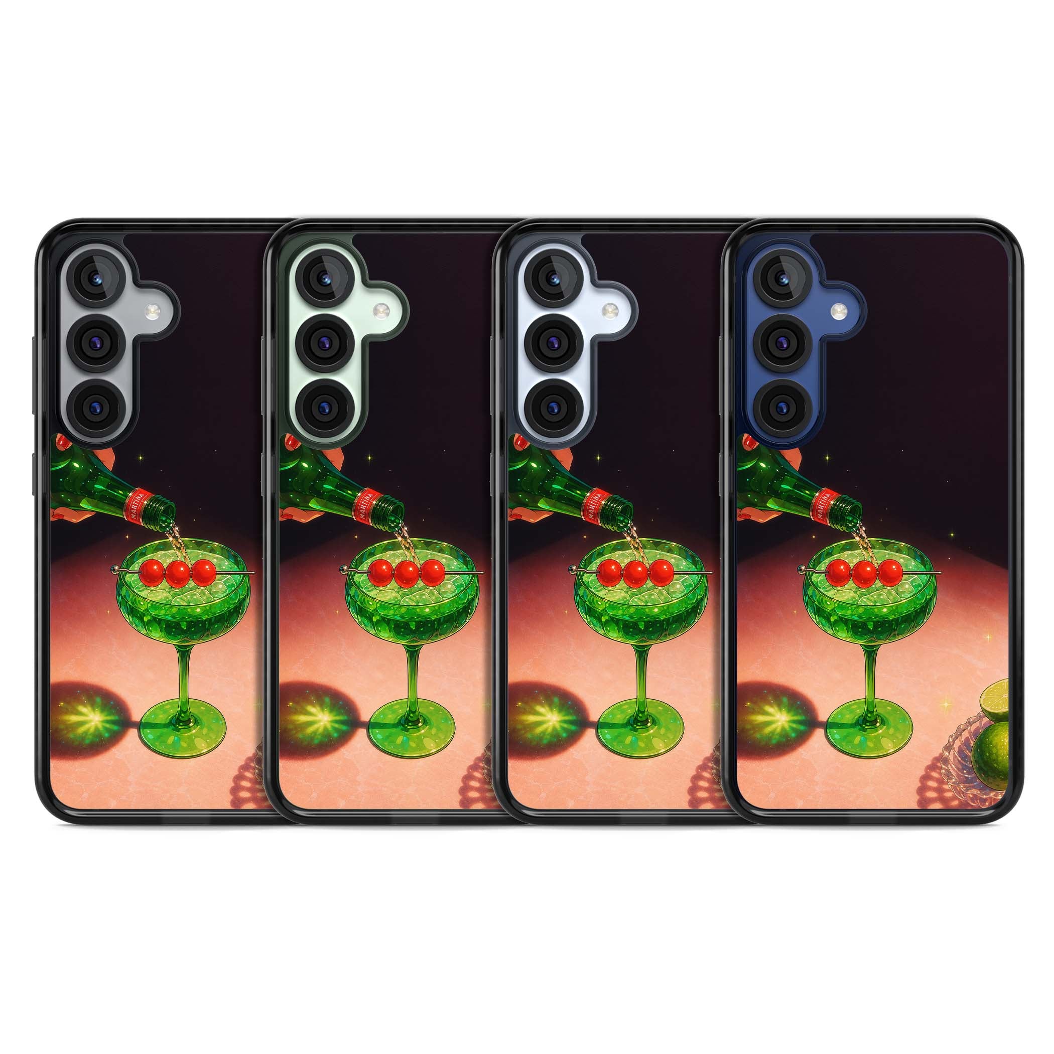 Absinthe Hour cocktail iPhone case featuring a green coupe glass, cherry garnish and vintage bottle pour illustration | Black Impact case for Samsung Galaxy S25, Samsung Galaxy S25 Plus