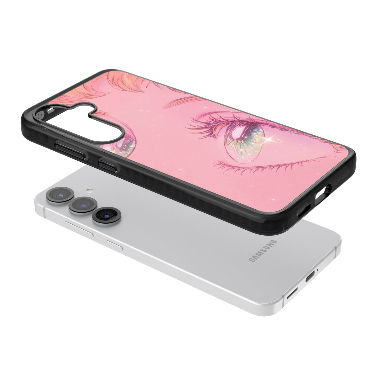 Pink Ethereal Gaze Samsung S25 / Samsung S25 Plus / Samsung S26 / Samsung S26 Plus Impact Black Phone Case angled