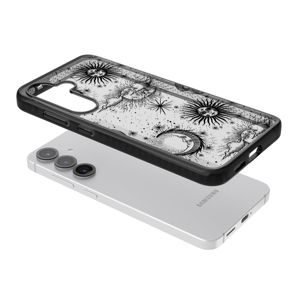Suns, Moons & Clouds Samsung S25 / Samsung S25 Plus / Samsung S26 / Samsung S26 Plus Impact Black Phone Case angled