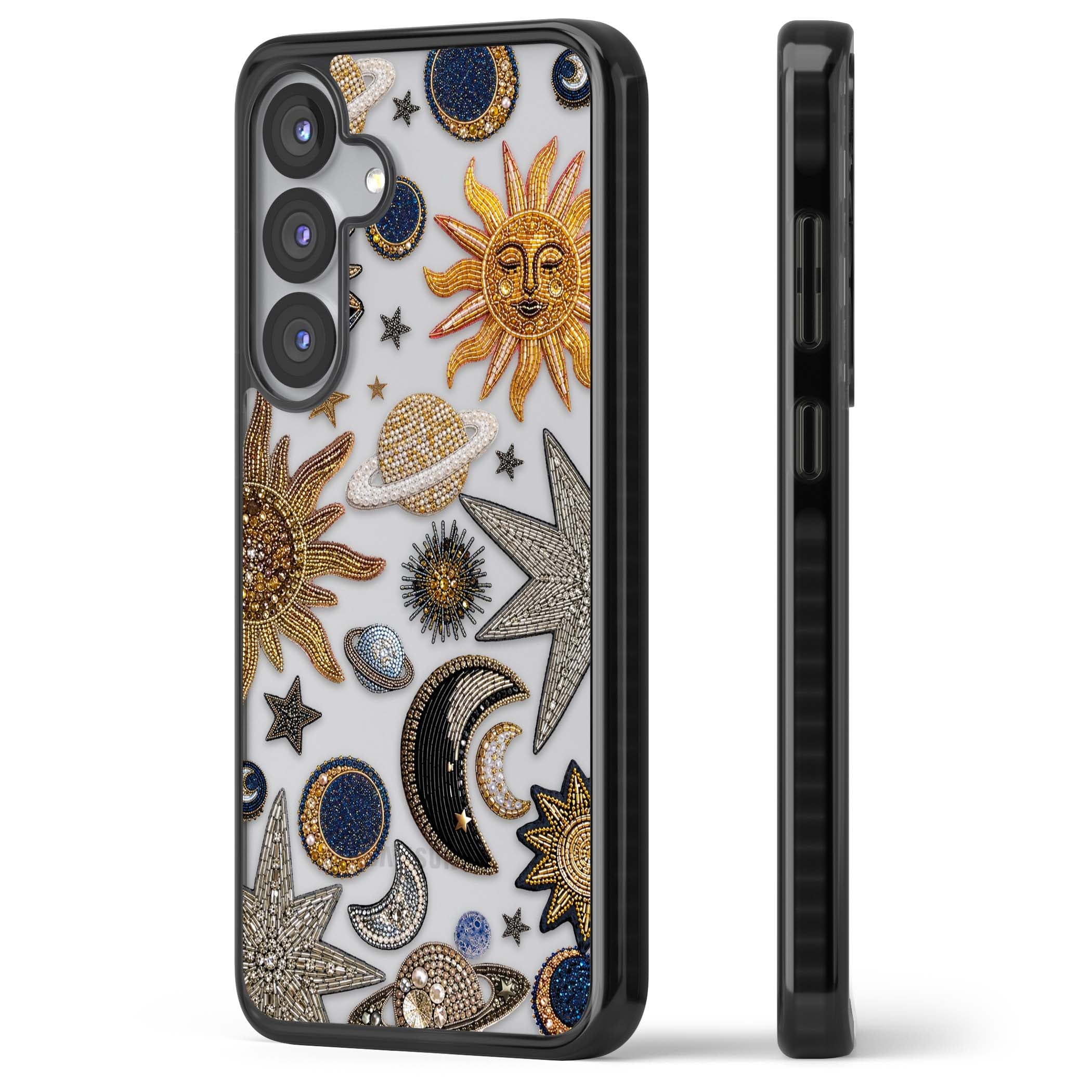 Beaded Cosmos celestial iPhone case featuring embroidered golden suns, beaded planets and silver shooting stars | Black Impact case for Samsung Galaxy S25, Samsung Galaxy S25 Plus