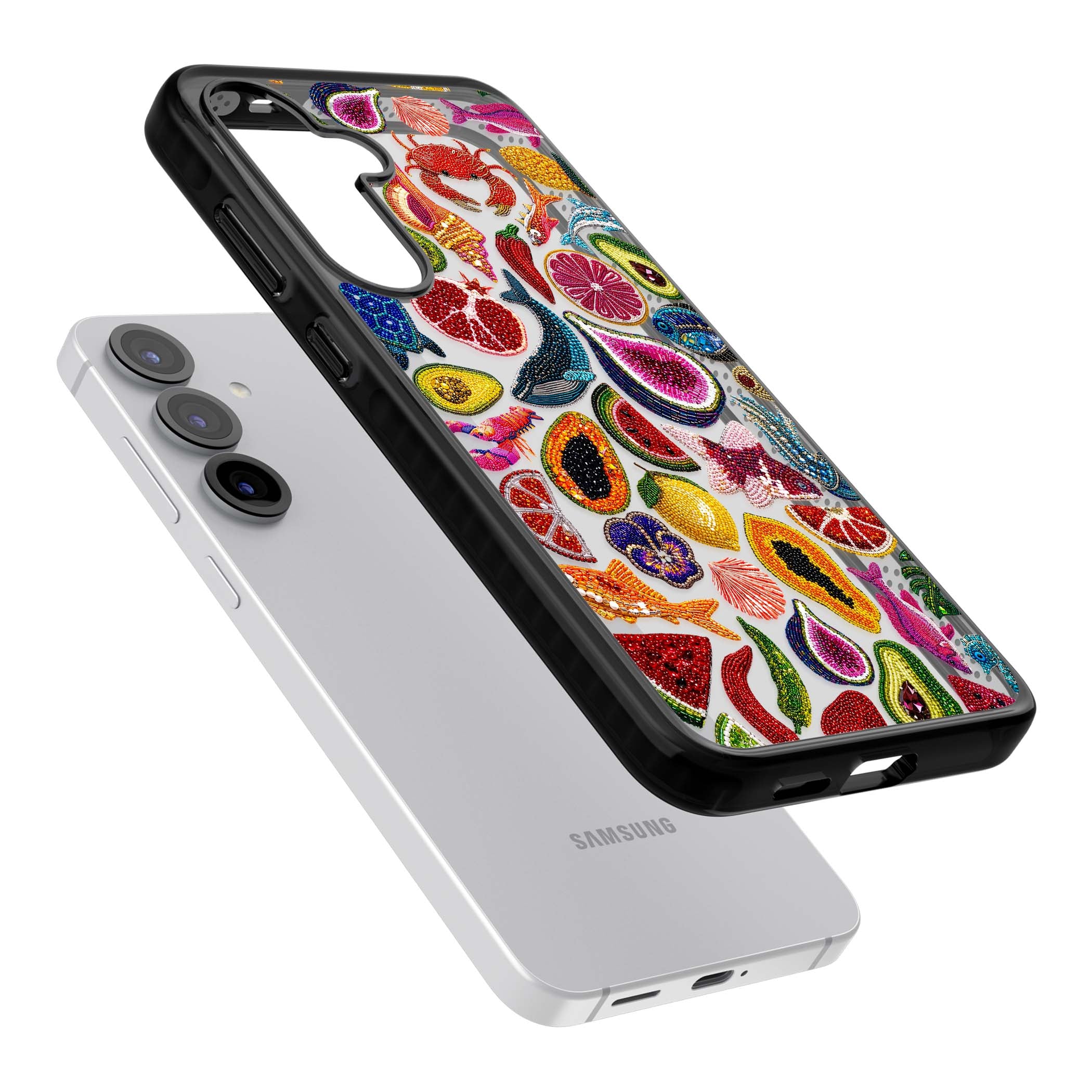 Beaded Tropic tropical iPhone case featuring beaded fruit, fish, crabs and seashells in vibrant colour | Black Impact case for Samsung Galaxy S25, Samsung Galaxy S25 Plus