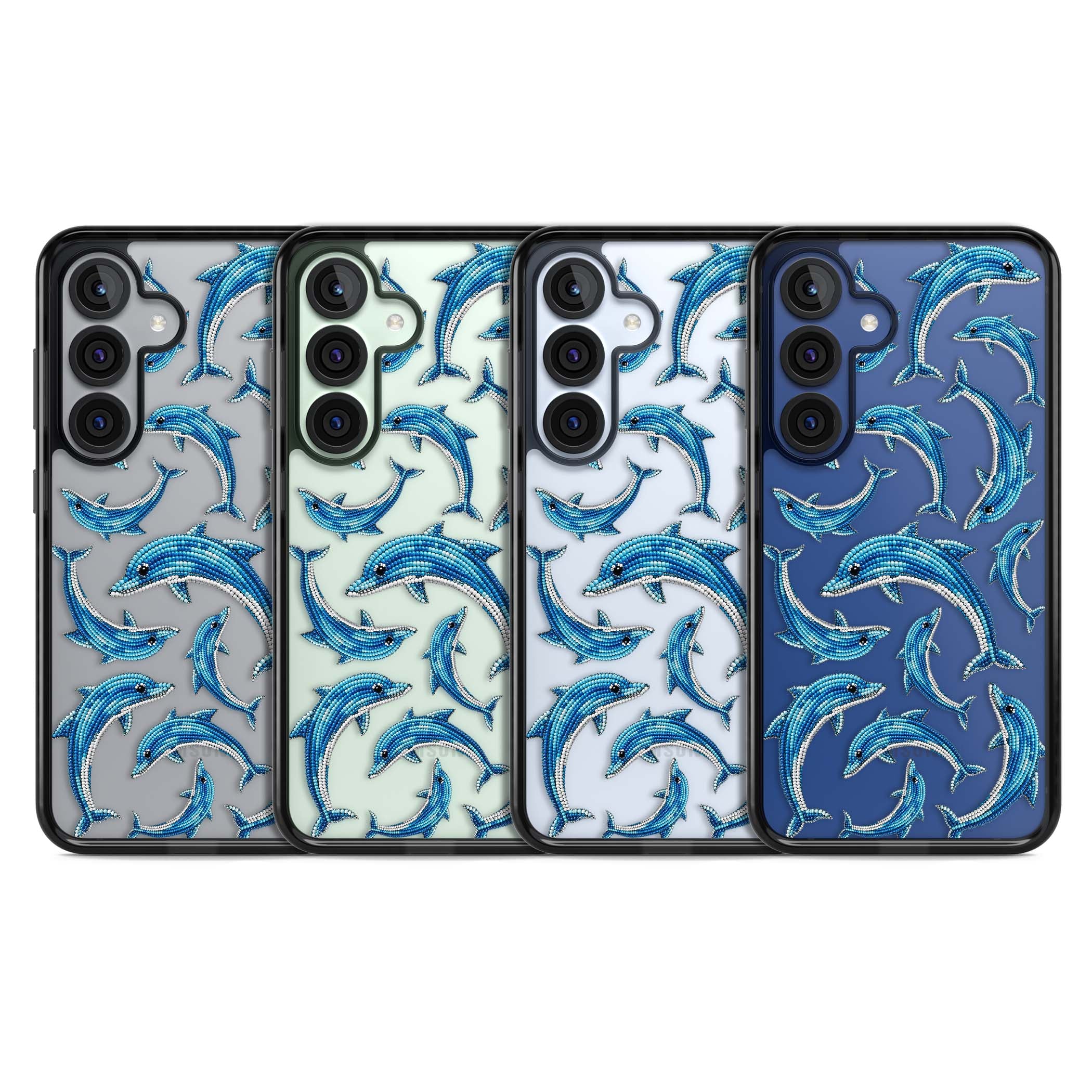 Beaded Dolphins coastal iPhone case featuring beaded dolphins in blue and white swimming across a clear background | Black Impact case for Samsung Galaxy S25, Samsung Galaxy S25 Plus