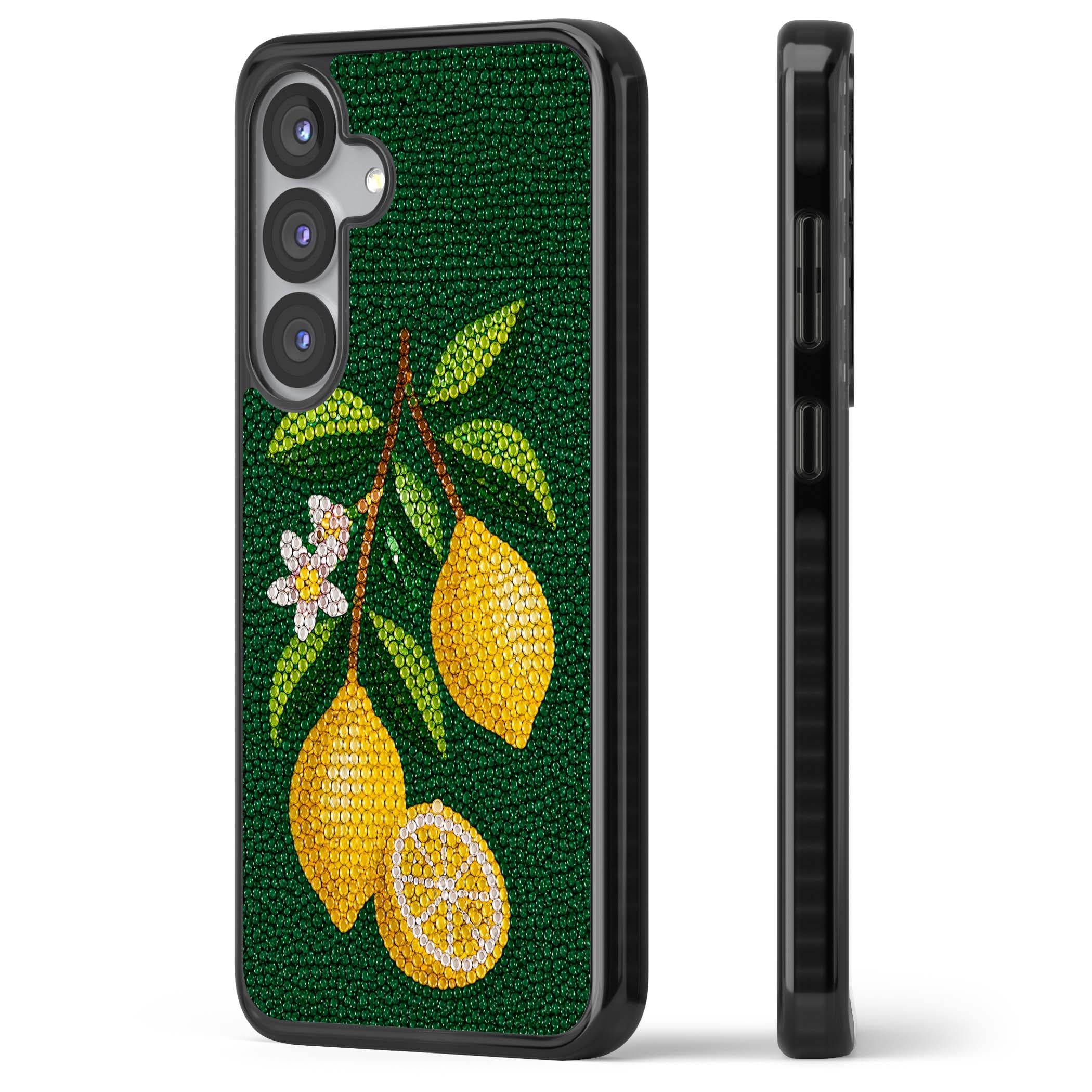 Beaded Lemons coastal iPhone case featuring crystal-beaded lemons, citrus blossom and green leaves on emerald ground | Black Impact case for Samsung Galaxy S25, Samsung Galaxy S25 Plus