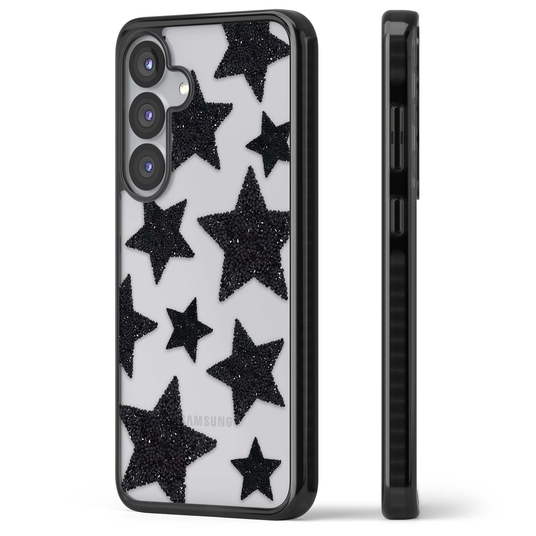 Beaded Black Stars celestial iPhone case featuring black glitter beaded stars scattered on a clear background | Black Impact case for Samsung Galaxy S25, Samsung Galaxy S25 Plus