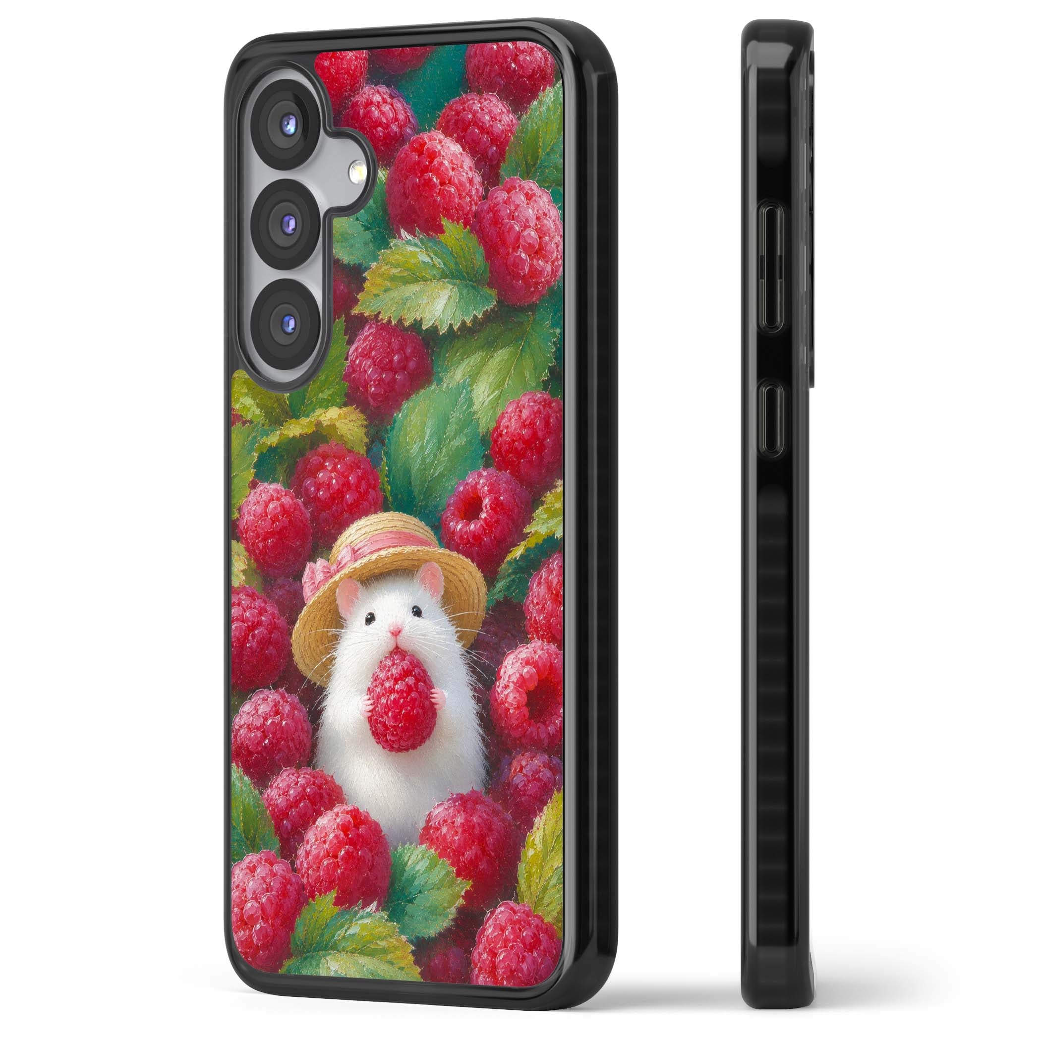 Berry Forager cottagecore iPhone case featuring a white hamster in a straw hat holding a raspberry surrounded by ripe ber | Black Impact case for Samsung Galaxy S25, Samsung Galaxy S25 Plus