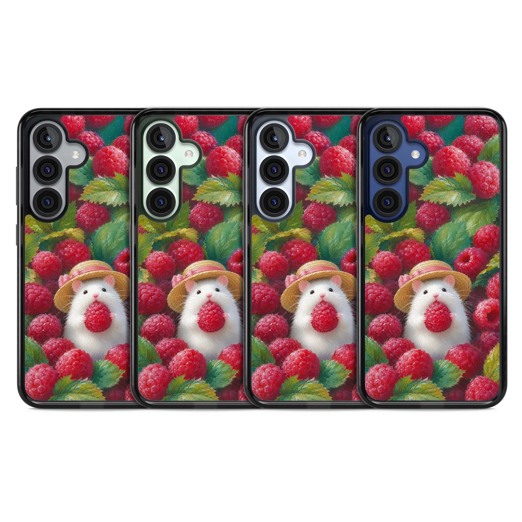 Berry Forager cottagecore iPhone case featuring a white hamster in a straw hat holding a raspberry surrounded by ripe ber | Black Impact case for Samsung Galaxy S25, Samsung Galaxy S25 Plus