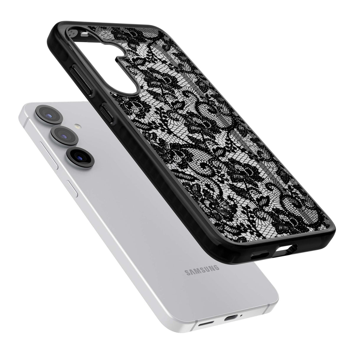 Black Lace gothic iPhone case featuring intricate black floral lace pattern with vintage whimsigoth detail | Black Impact case for Samsung Galaxy S25, Samsung Galaxy S25 Plus