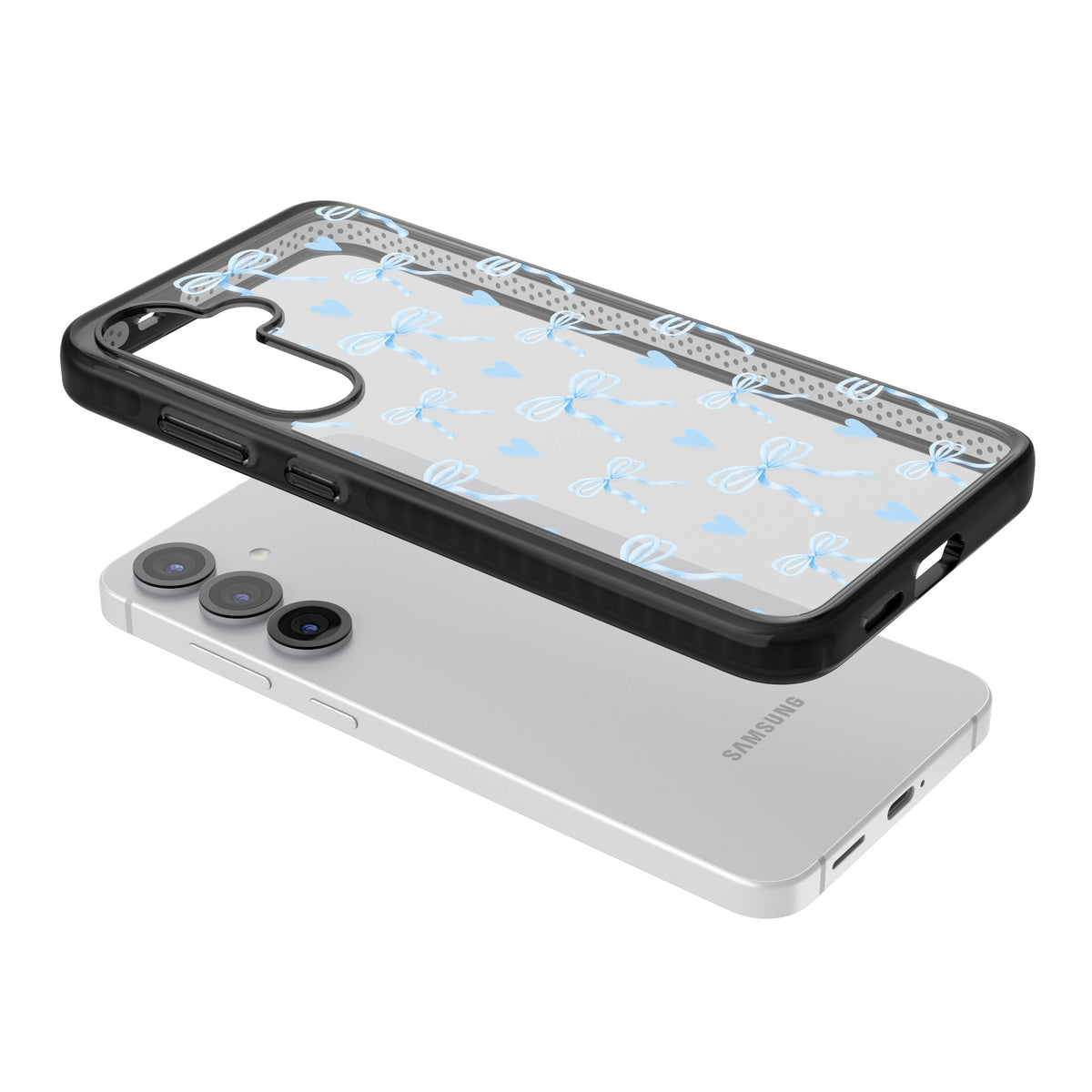 Blue Bows & Hearts Samsung S25 / Samsung S25 Plus / Samsung S26 / Samsung S26 Plus Impact Black Phone Case angled