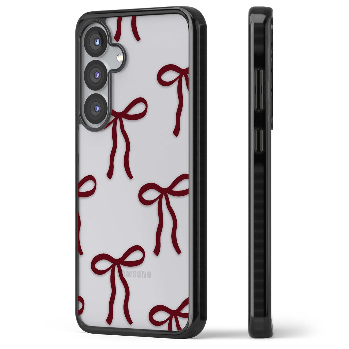 Burgundy Bows coquette iPhone case featuring hand-drawn burgundy red bows on a clear background | Black Impact case for Samsung Galaxy S25, Samsung Galaxy S25 Plus