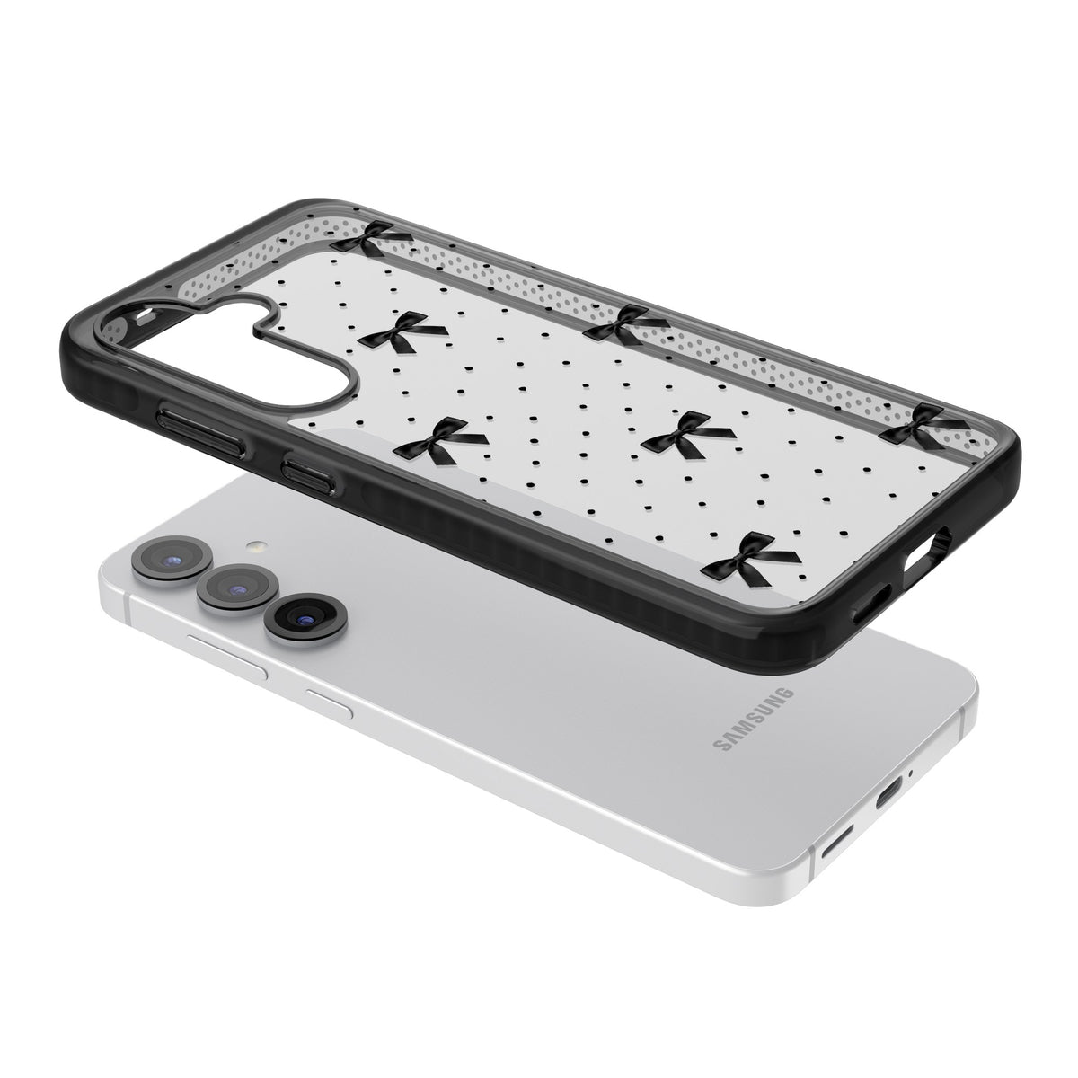 Black Polka Bows Samsung S25 / Samsung S25 Plus / Samsung S26 / Samsung S26 Plus Impact Black Phone Case angled