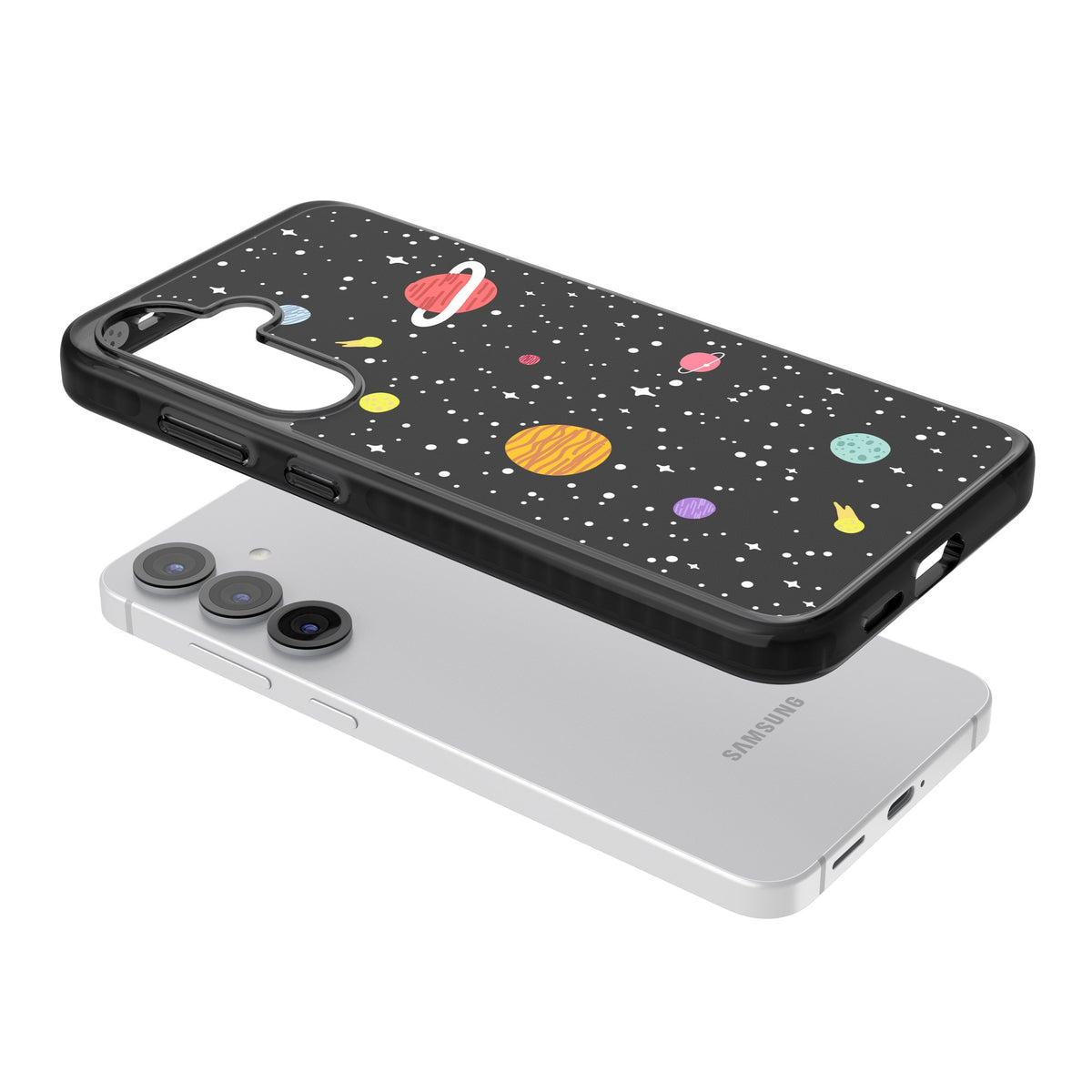 Cute Cartoon Planets Samsung S25 / Samsung S25 Plus / Samsung S26 / Samsung S26 Plus Impact Black Phone Case angled
