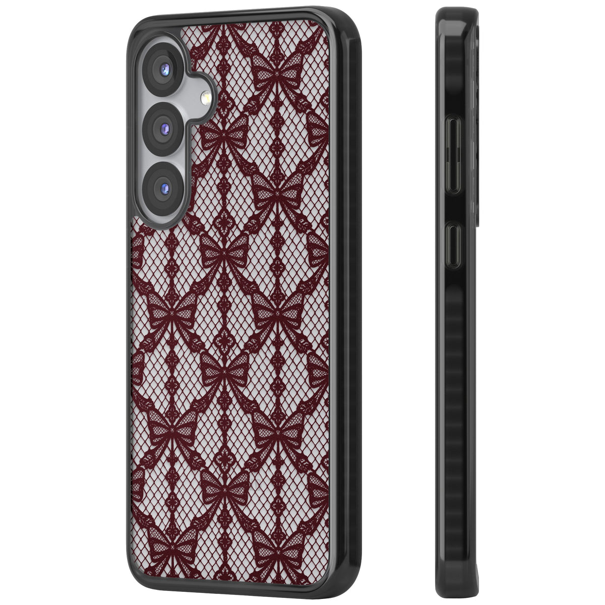 Burgundy Bow Lace coquette iPhone case featuring burgundy ribbon bows, fishnet mesh and vintage lace lattice Samsung S25 / Samsung S25 Plus / Samsung S26 / Samsung S26 Plus Impact Black Phone Case side