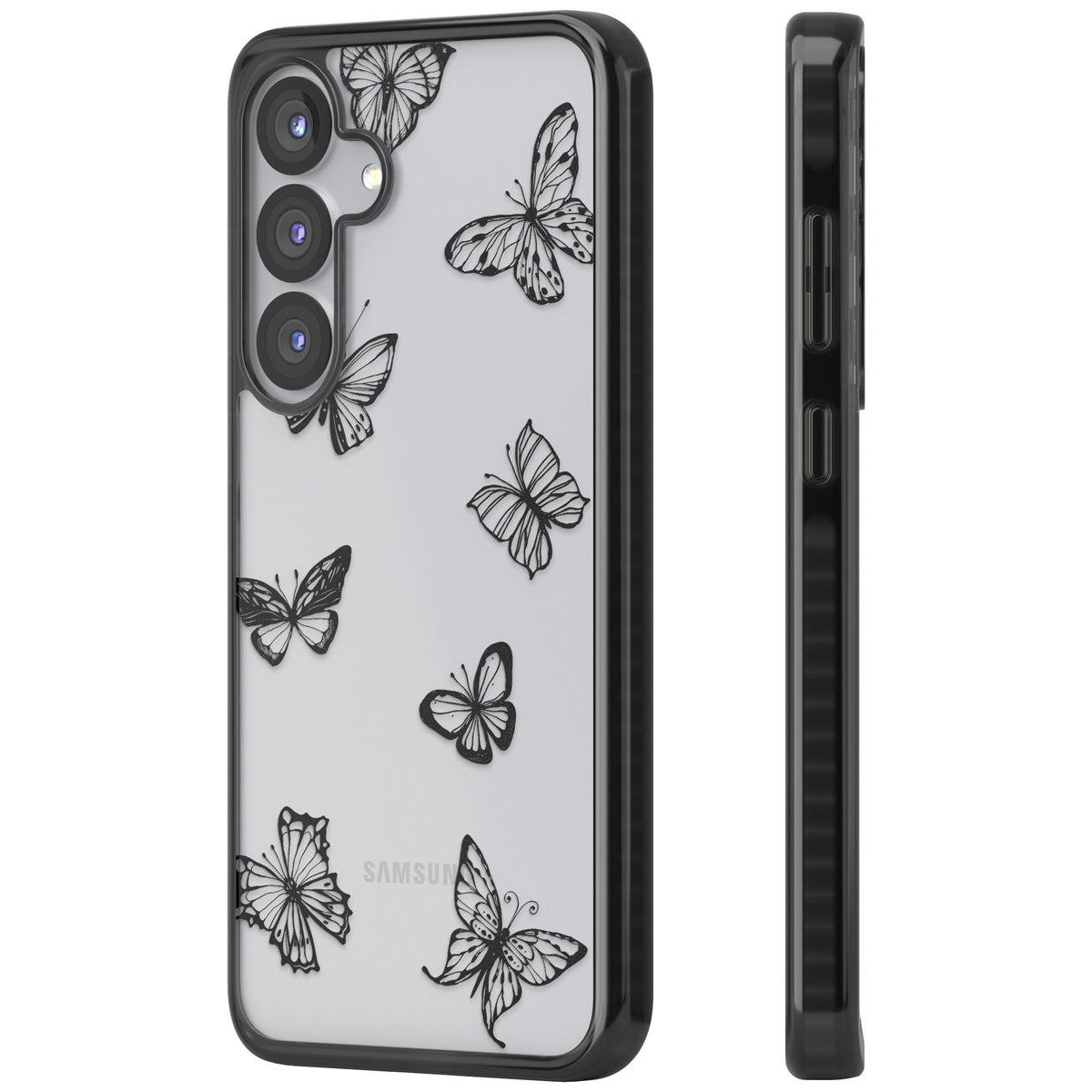 Grey Butterfly Line Pattern Samsung S25 / Samsung S25 Plus / Samsung S26 / Samsung S26 Plus Impact Black Phone Case side