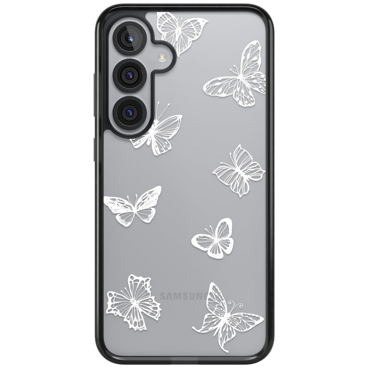 White Butterfly Line Pattern Samsung S25 Plus / Samsung S26 / Samsung S26 Plus Impact Black Phone Case front