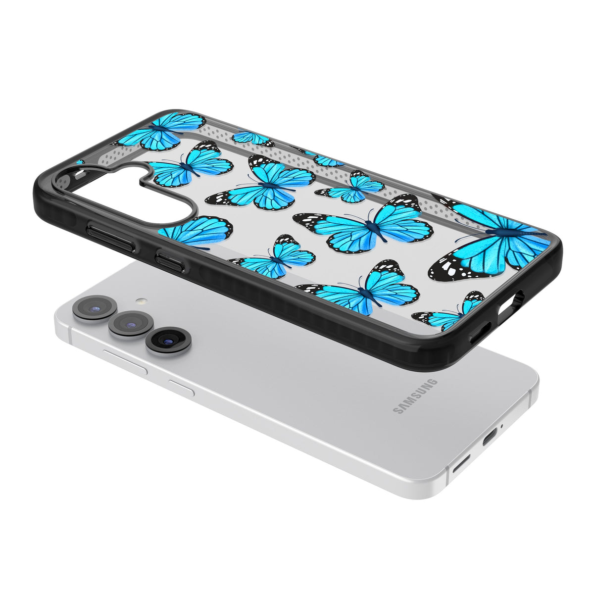 Azure Butterflies Samsung S25 / Samsung S25 Plus / Samsung S26 / Samsung S26 Plus Impact Black Phone Case angled