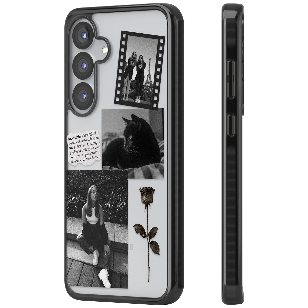 Personalised Black & White Scrapbook Photos Samsung S25 / Samsung S25 Plus / Samsung S26 / Samsung S26 Plus Impact Black Phone Case side