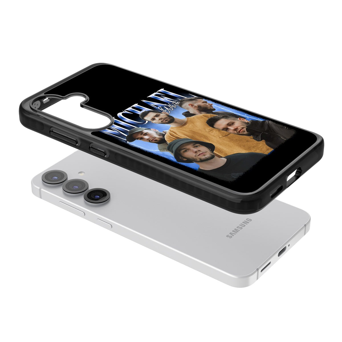 Personalised Airbrush Name & Photo Collage (Blue) Samsung S25 / Samsung S25 Plus / Samsung S26 / Samsung S26 Plus Impact Black Phone Case angled