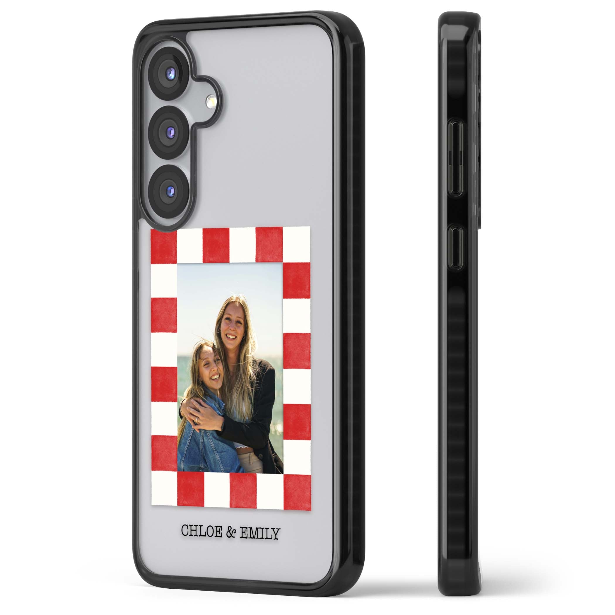 Red Check Photo personalised photo iPhone case with red and white checkered polaroid frame and custom couple name | Black Impact case for Samsung Galaxy S25, Samsung Galaxy S25 Plus