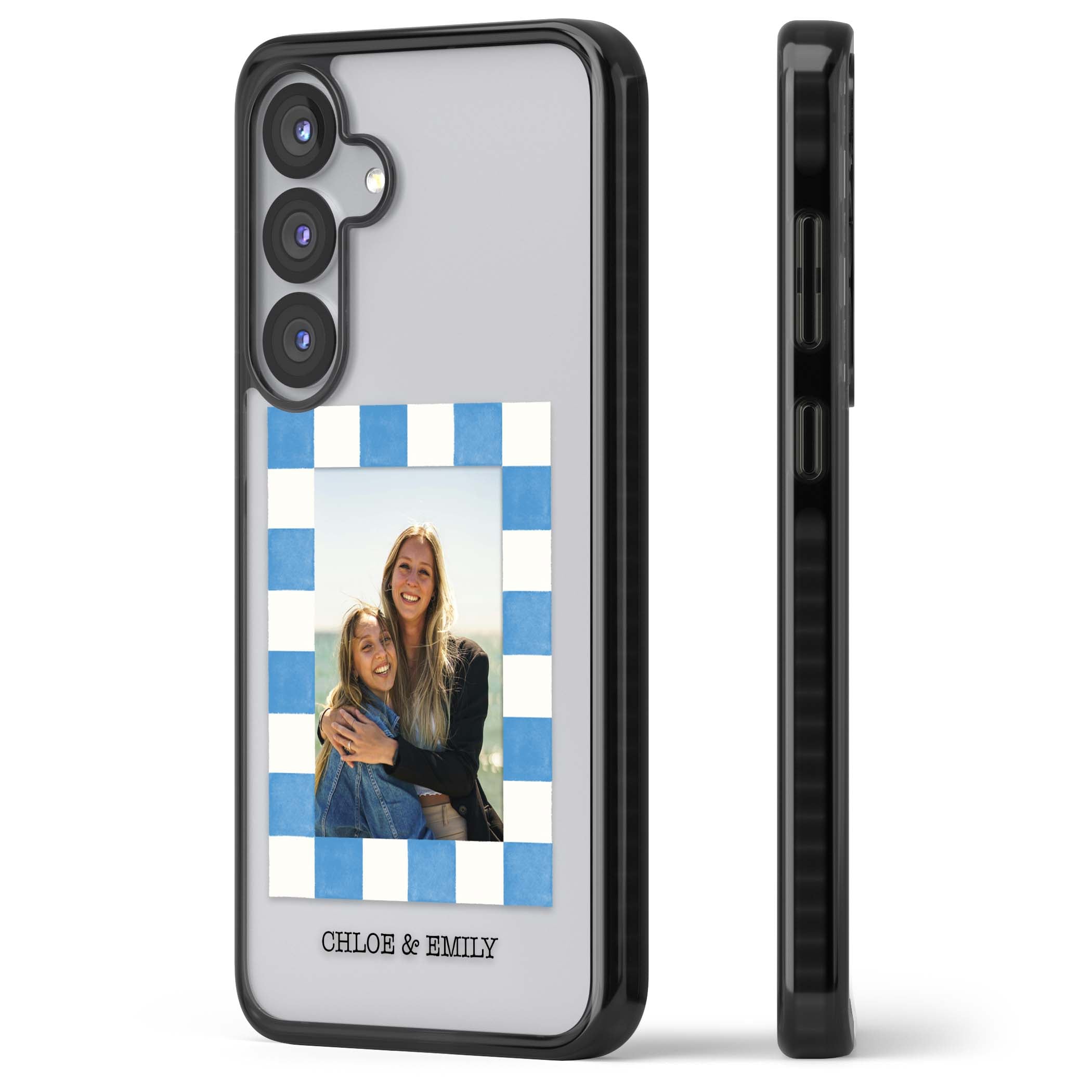 Blue Check Photo personalised photo iPhone case with blue checkered frame and custom couple names | Black Impact case for Samsung Galaxy S25, Samsung Galaxy S25 Plus