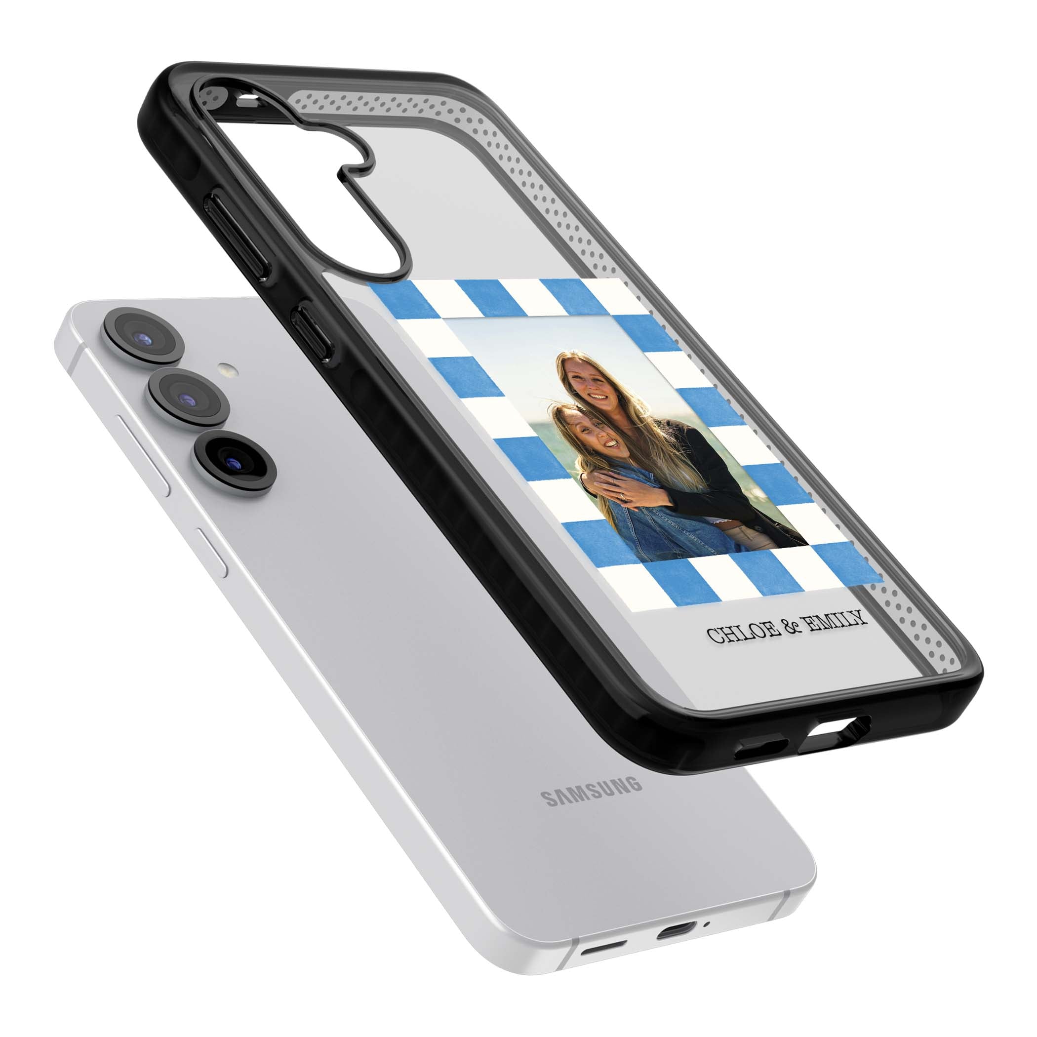 Blue Check Photo personalised photo iPhone case with blue checkered frame and custom couple names | Black Impact case for Samsung Galaxy S25, Samsung Galaxy S25 Plus