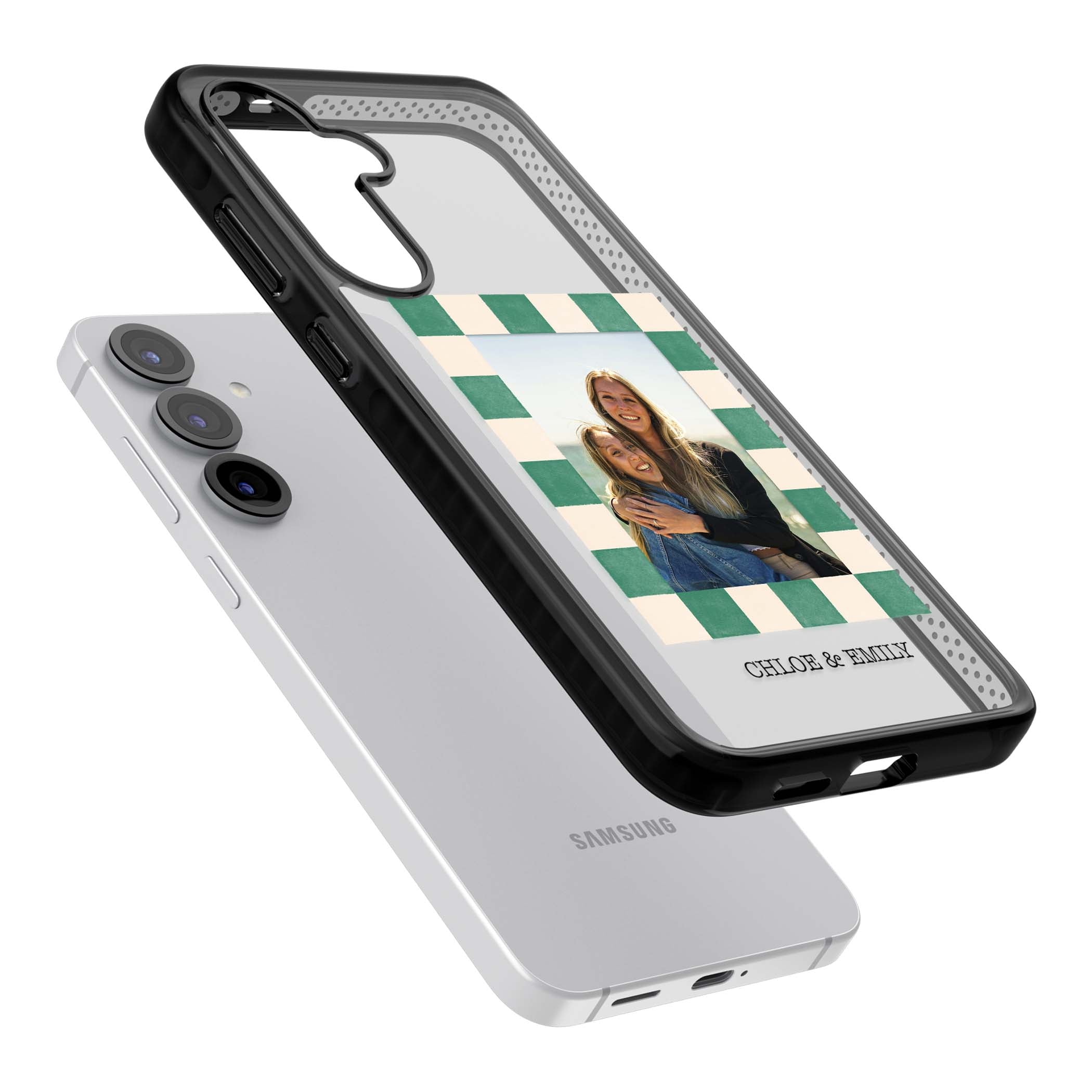 Seafoam Check Photo personalised iPhone case featuring a custom polaroid photo, green and cream checkered frame, and custom n | Black Impact case for Samsung Galaxy S25, Samsung Galaxy S25 Plus