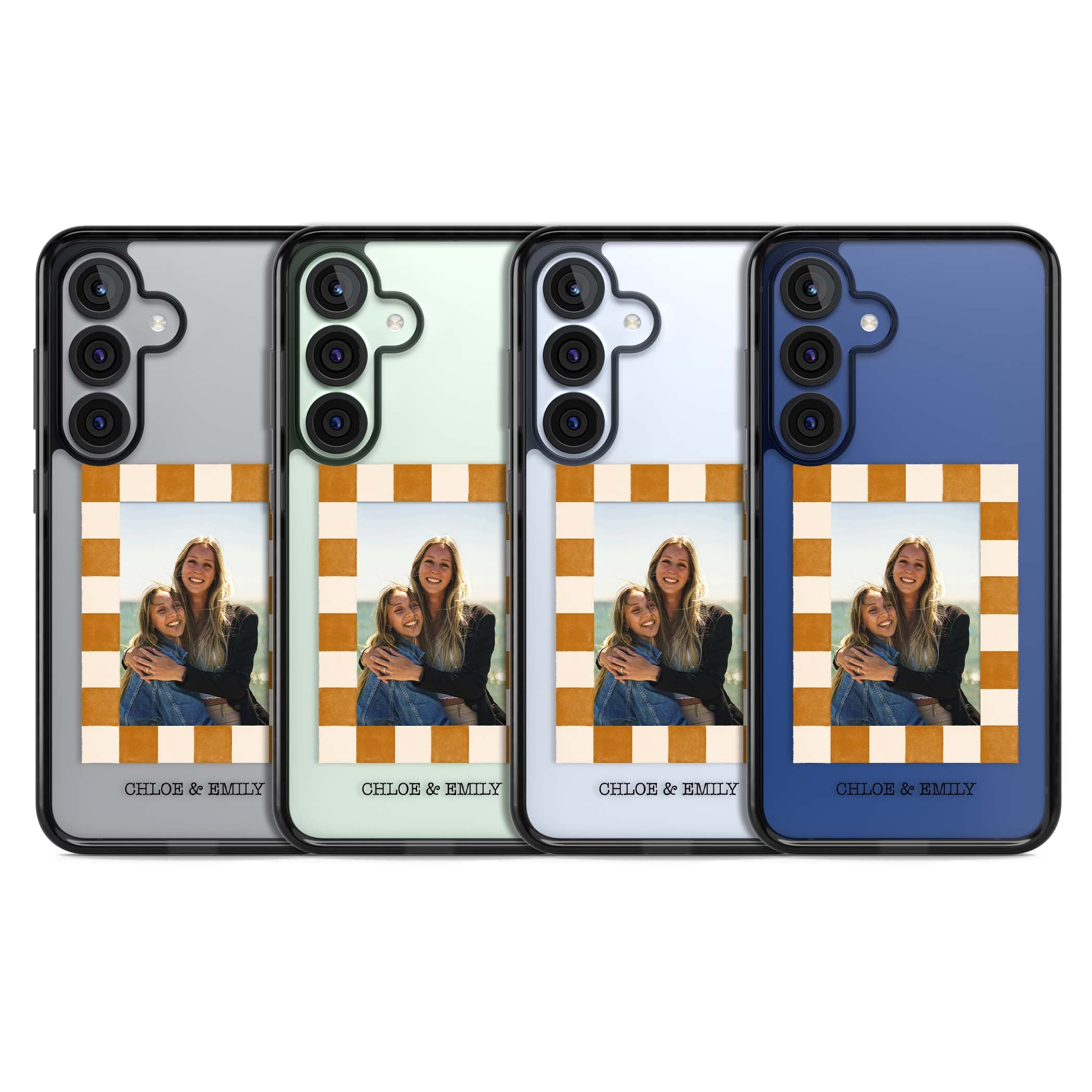 Citrus Check Photo personalised iPhone case with custom photo, orange checkered frame and names underneath | Black Impact case for Samsung Galaxy S25, Samsung Galaxy S25 Plus