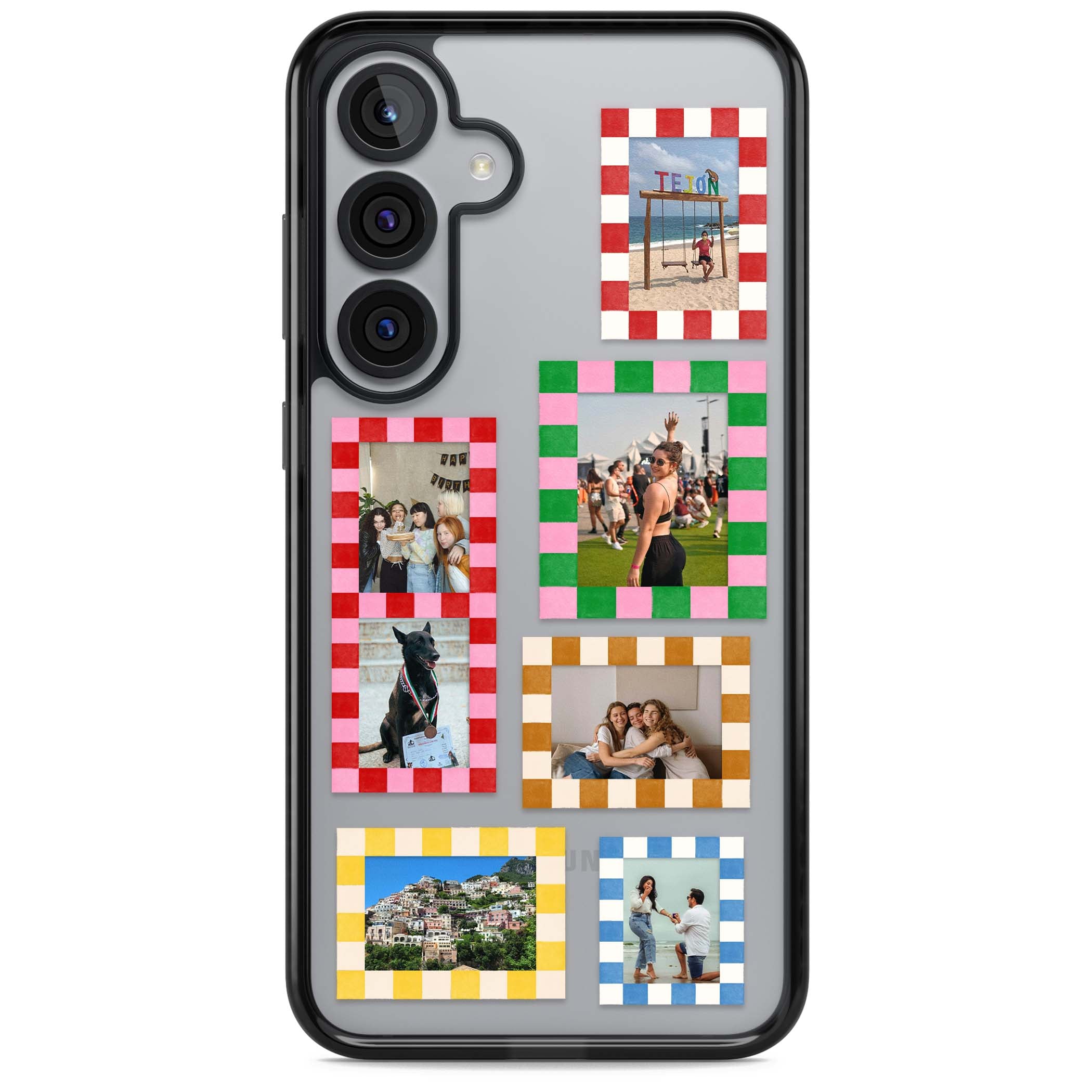 Italian Check Frames custom photo collage iPhone case featuring six checkered photo frames in red, green, pink and | Black Impact case for Samsung Galaxy S25, Samsung Galaxy S25 Plus