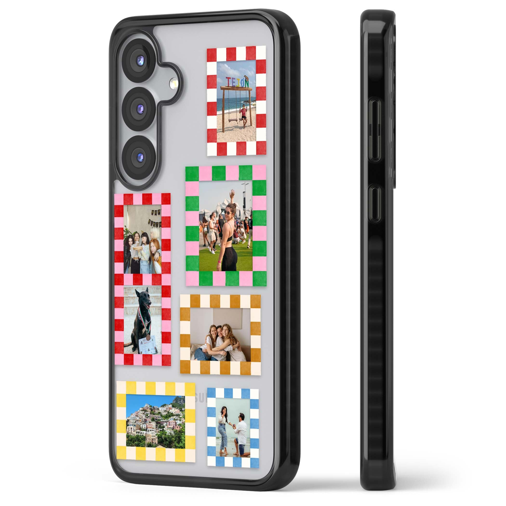 Italian Check Frames custom photo collage iPhone case featuring six checkered photo frames in red, green, pink and | Black Impact case for Samsung Galaxy S25, Samsung Galaxy S25 Plus