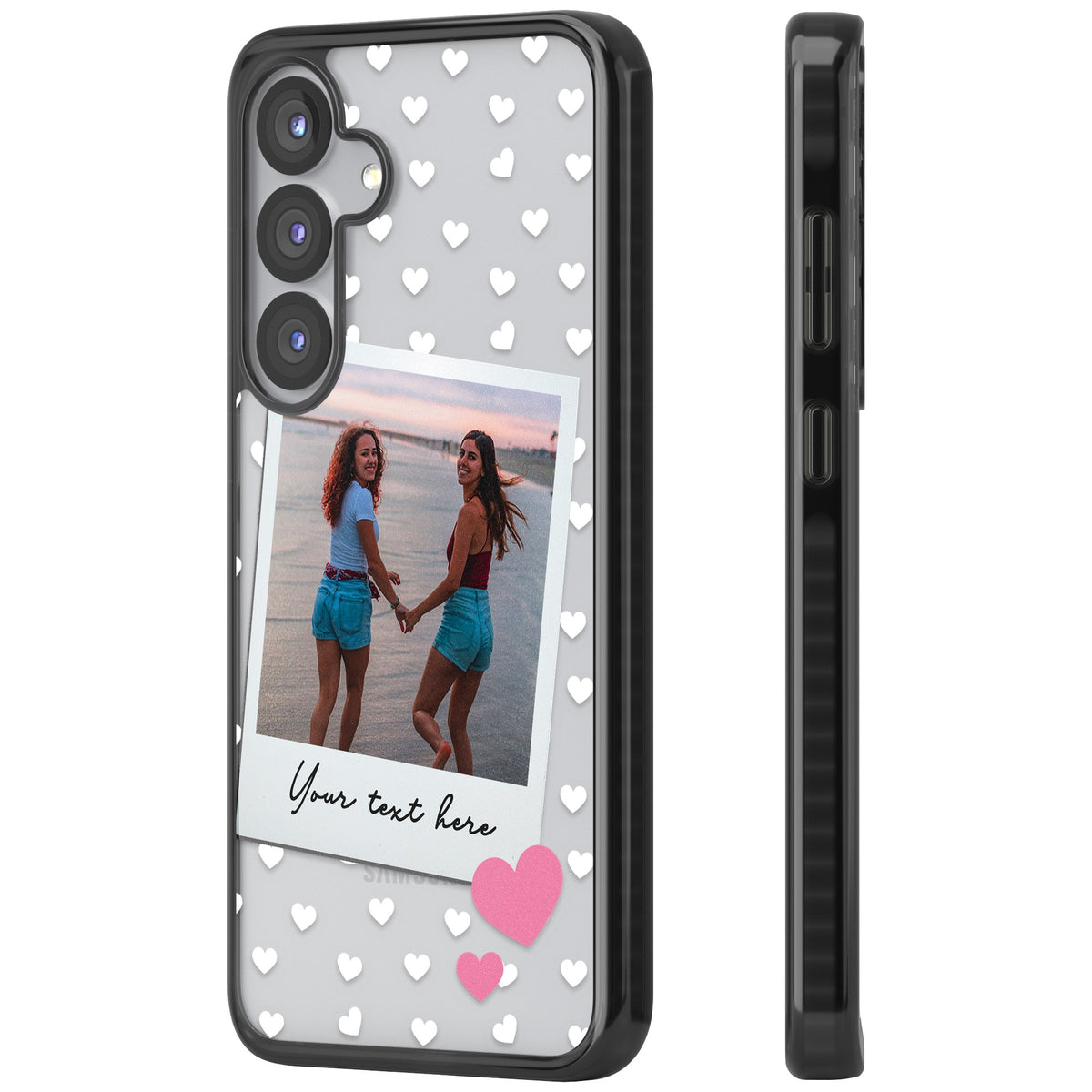Personalised Hearts Instant Camera Photo Samsung S25 / Samsung S25 Plus / Samsung S26 / Samsung S26 Plus Impact Black Phone Case side
