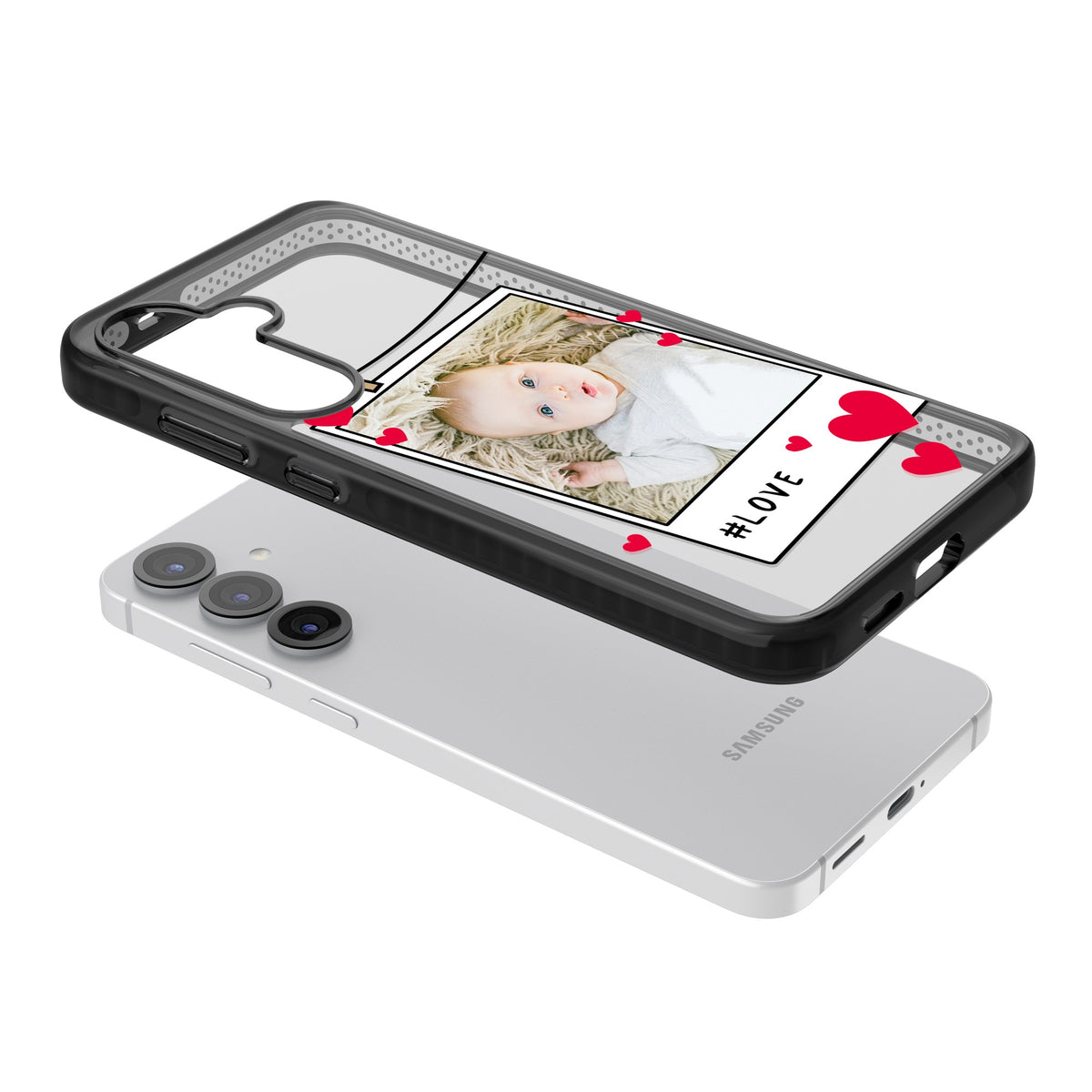 Personalised Paperclip & Hearts Polaroid Samsung S25 / Samsung S25 Plus / Samsung S26 / Samsung S26 Plus Impact Black Phone Case angled