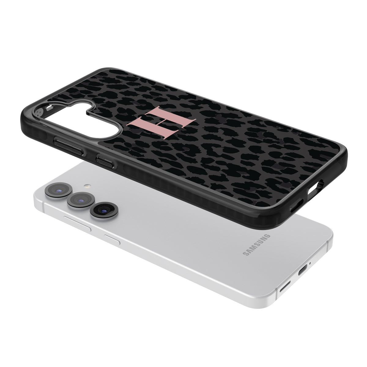 Personalised Leopard Pink Monogram Samsung S25 / Samsung S25 Plus / Samsung S26 / Samsung S26 Plus Impact Black Phone Case angled
