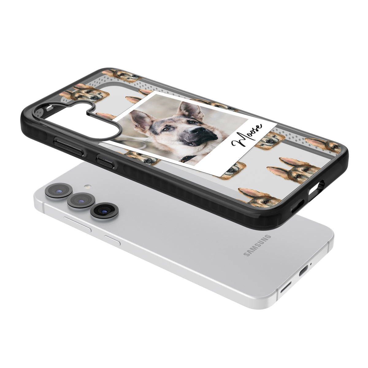 Personalised German Shepherd Instant Camera Photo Samsung S25 / Samsung S25 Plus / Samsung S26 / Samsung S26 Plus Impact Black Phone Case angled