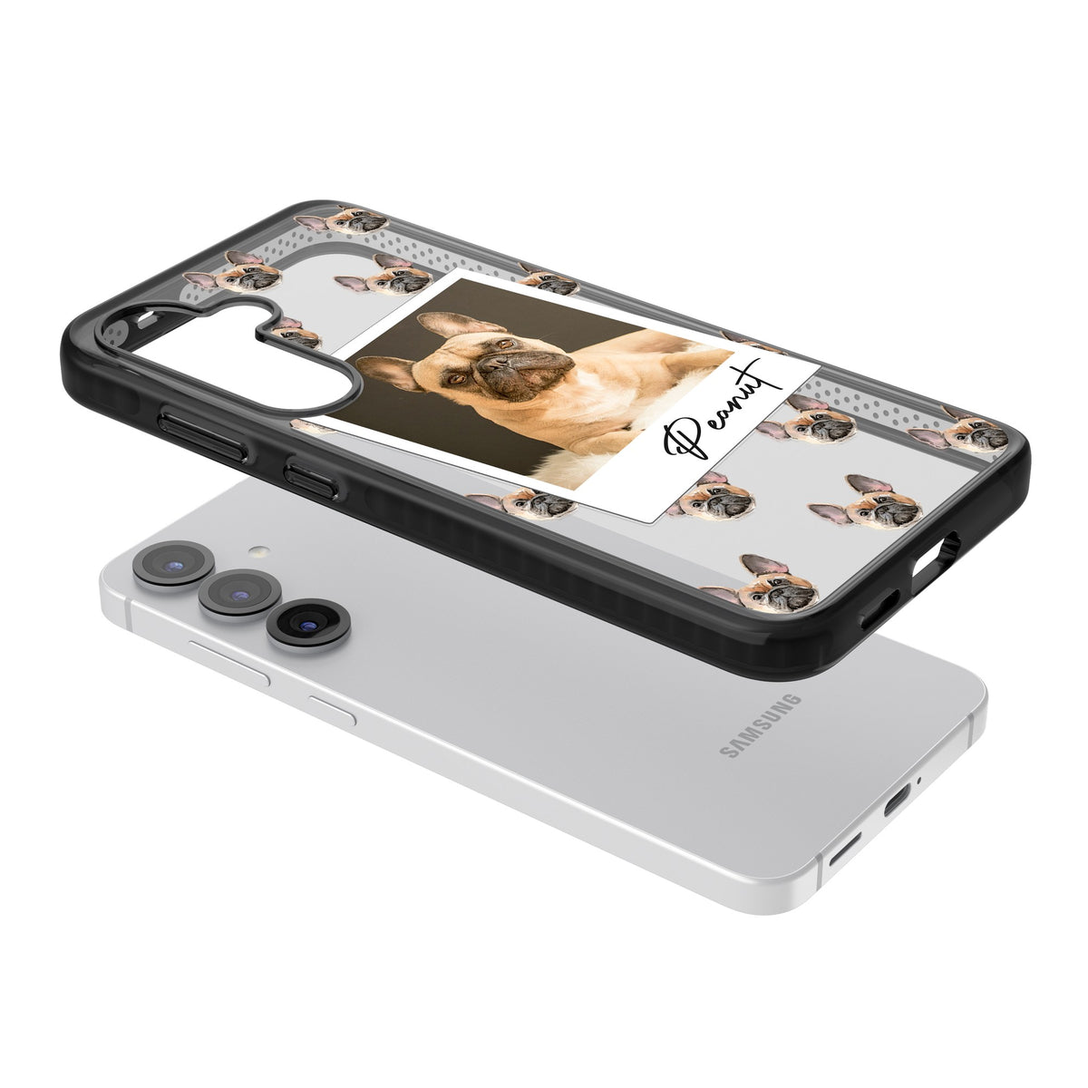 Personalised Tan French Bulldog Instant Camera Photo Samsung S25 / Samsung S25 Plus / Samsung S26 / Samsung S26 Plus Impact Black Phone Case angled