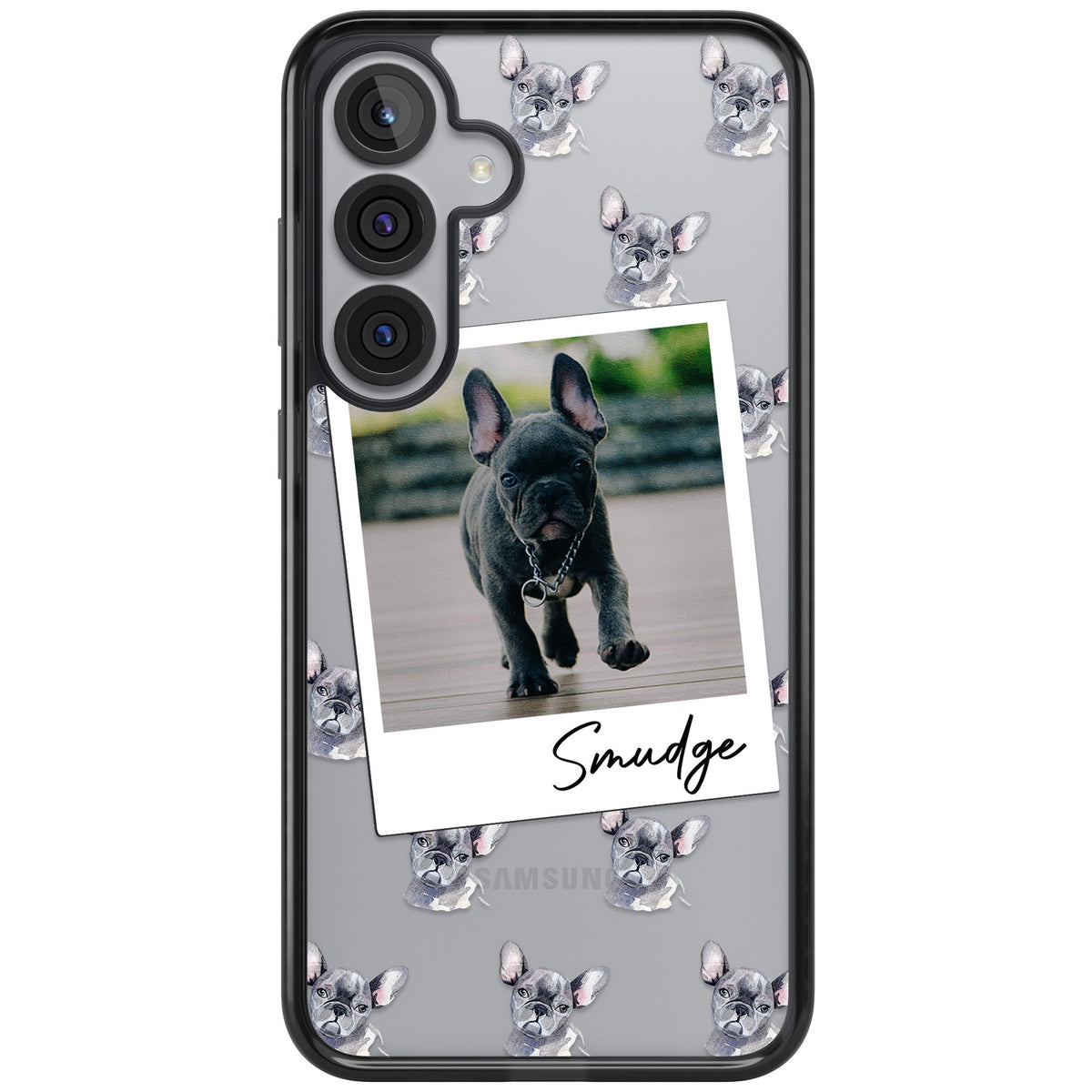 Personalised Grey French Bulldog Instant Camera Photo Samsung S25 Plus / Samsung S26 / Samsung S26 Plus Impact Black Phone Case front