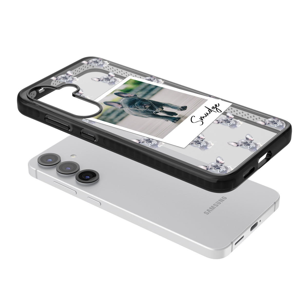 Personalised Grey French Bulldog Instant Camera Photo Samsung S25 / Samsung S25 Plus / Samsung S26 / Samsung S26 Plus Impact Black Phone Case angled