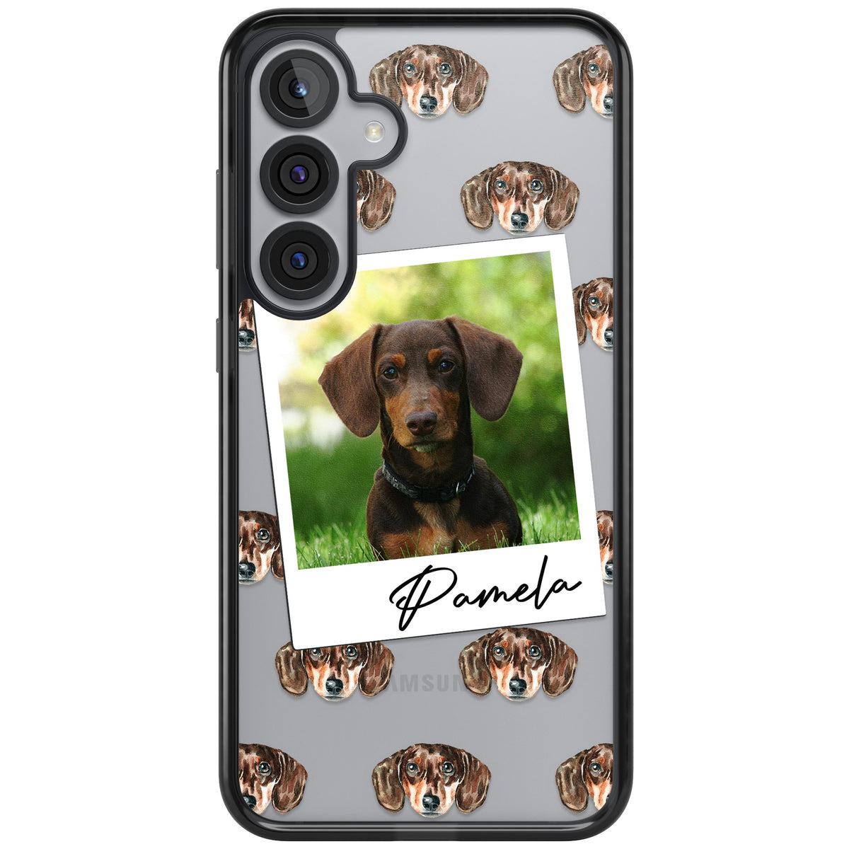 Personalised Brown Dachshund Instant Camera Photo Samsung S25 Plus / Samsung S26 / Samsung S26 Plus Impact Black Phone Case front