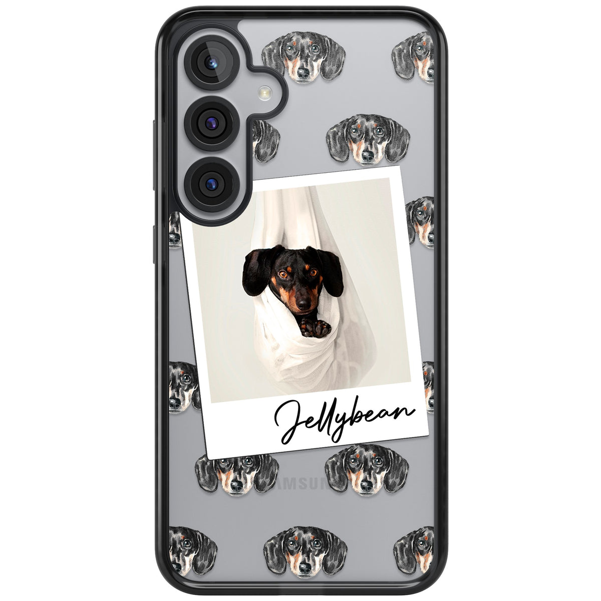 Personalised Black Dachshund Instant Camera Photo Samsung S25 Plus / Samsung S26 / Samsung S26 Plus Impact Black Phone Case front