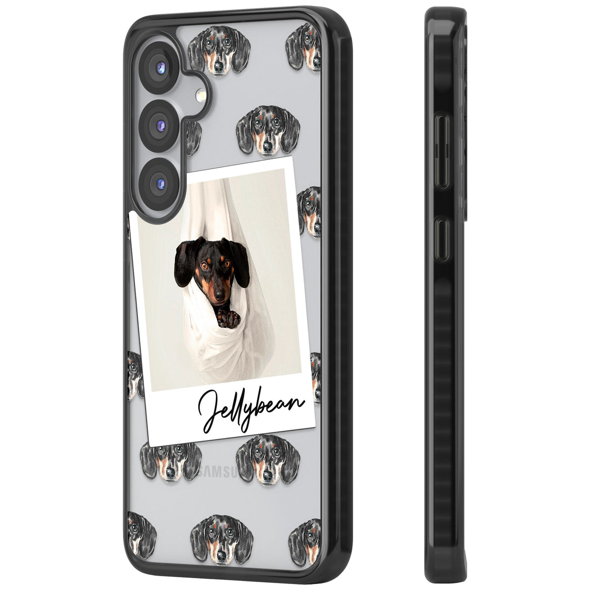 Personalised Black Dachshund Instant Camera Photo Samsung S25 / Samsung S25 Plus / Samsung S26 / Samsung S26 Plus Impact Black Phone Case side