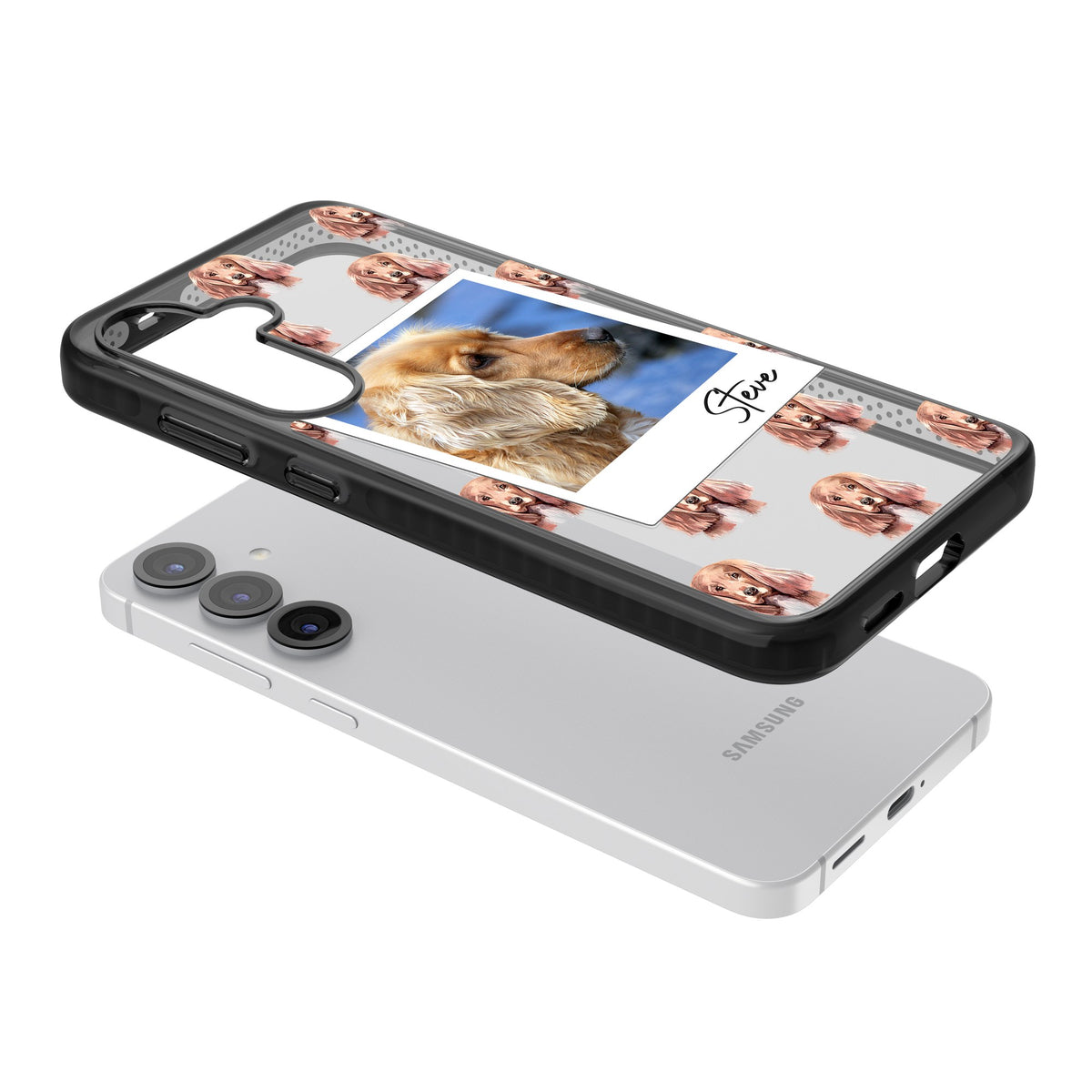 Personalised Cocker Spaniel Instant Camera Photo Samsung S25 / Samsung S25 Plus / Samsung S26 / Samsung S26 Plus Impact Black Phone Case angled