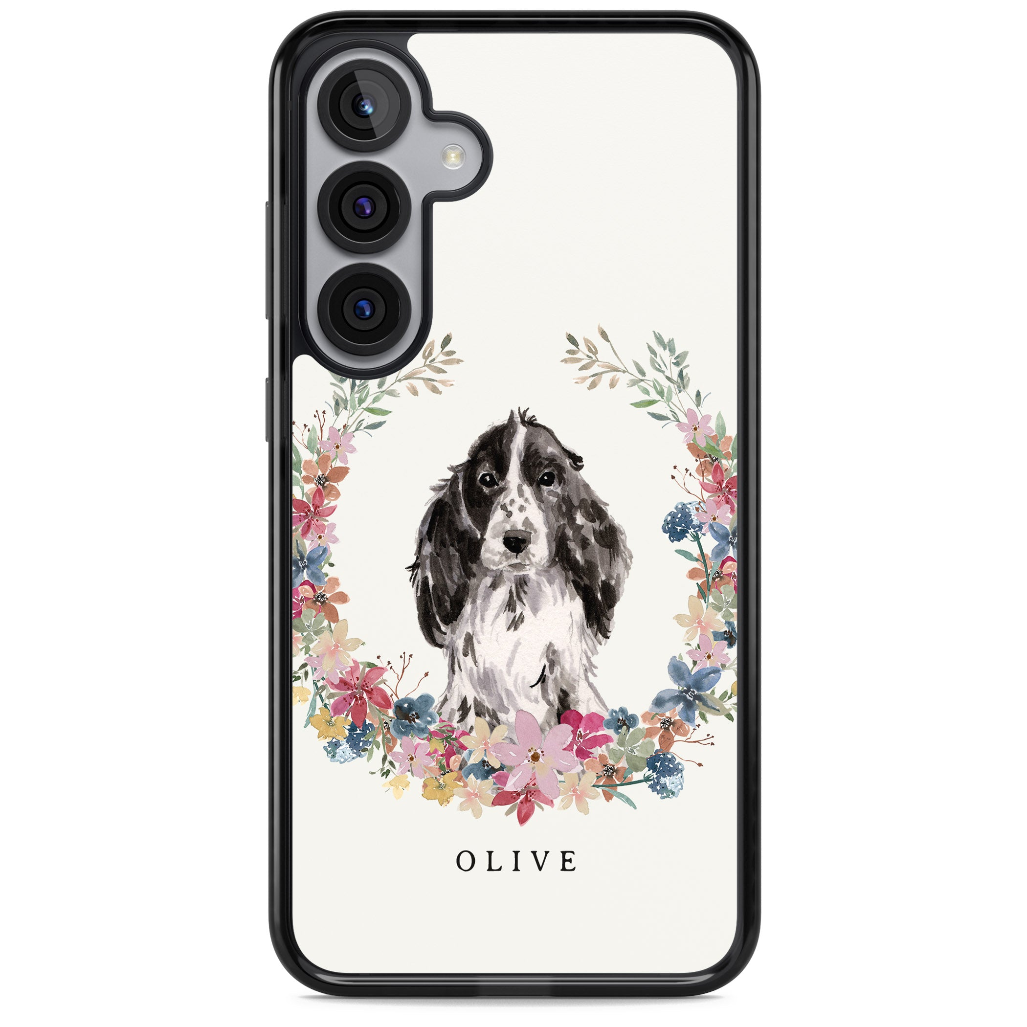 Personalised Black Cocker Spaniel Floral Portrait