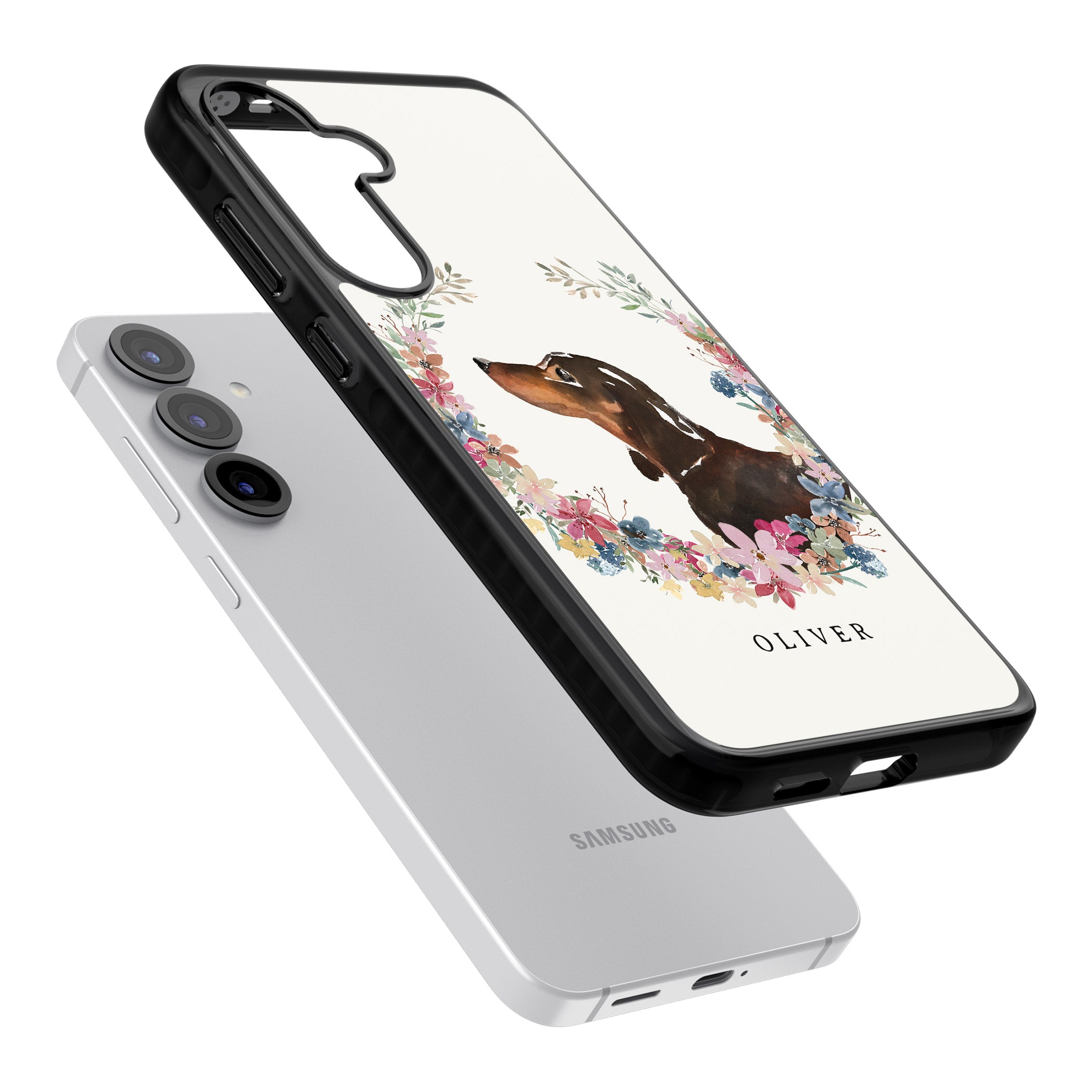 Personalised Black & Tan Dachshund Floral Portrait