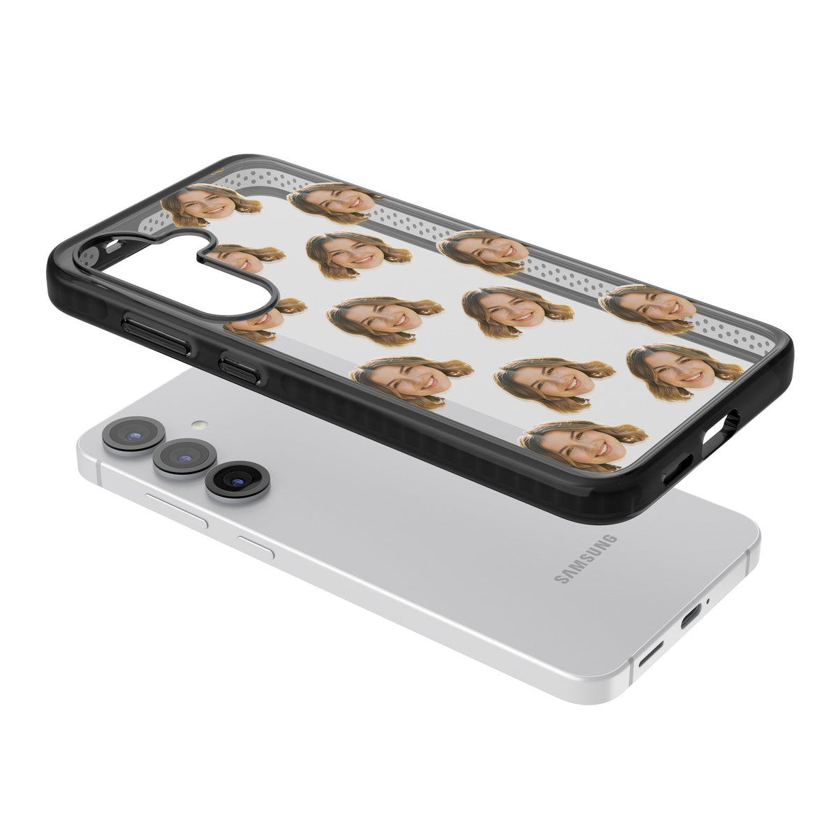 Falling Faces Pattern Samsung S25 / Samsung S25 Plus / Samsung S26 / Samsung S26 Plus Impact Black Phone Case angled