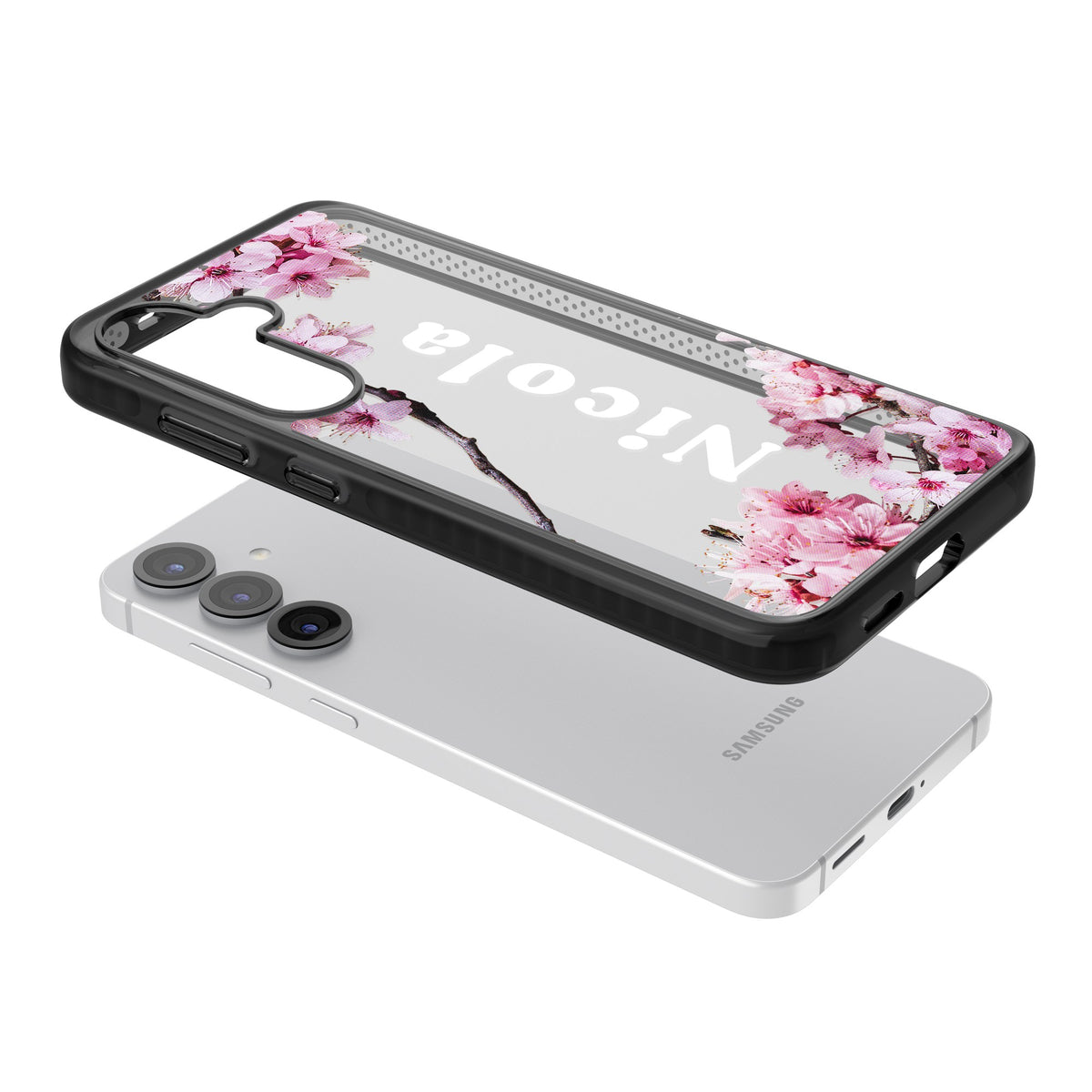 Personalised Cherry Blossom Samsung S25 / Samsung S25 Plus / Samsung S26 / Samsung S26 Plus Impact Black Phone Case angled