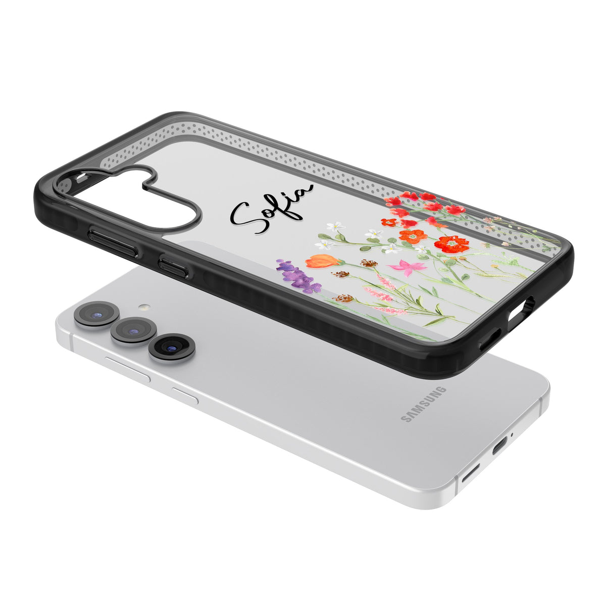 Personalised Spring Wildflowers Samsung S25 / Samsung S25 Plus / Samsung S26 / Samsung S26 Plus Impact Black Phone Case angled