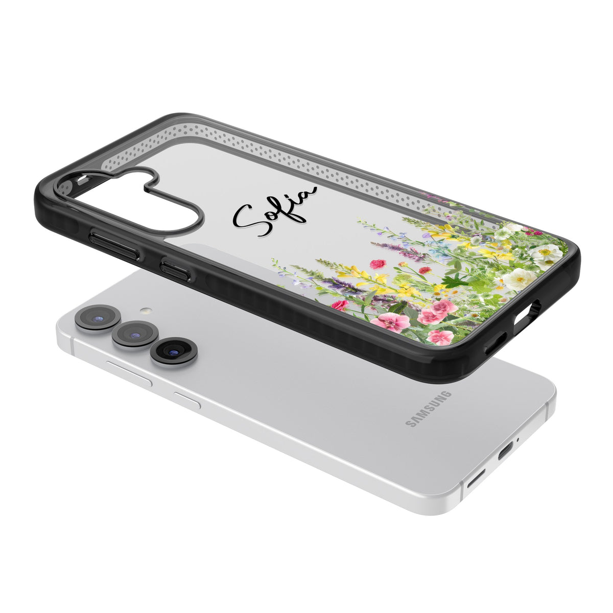 Personalised Garden Wildfowers Samsung S25 / Samsung S25 Plus / Samsung S26 / Samsung S26 Plus Impact Black Phone Case angled