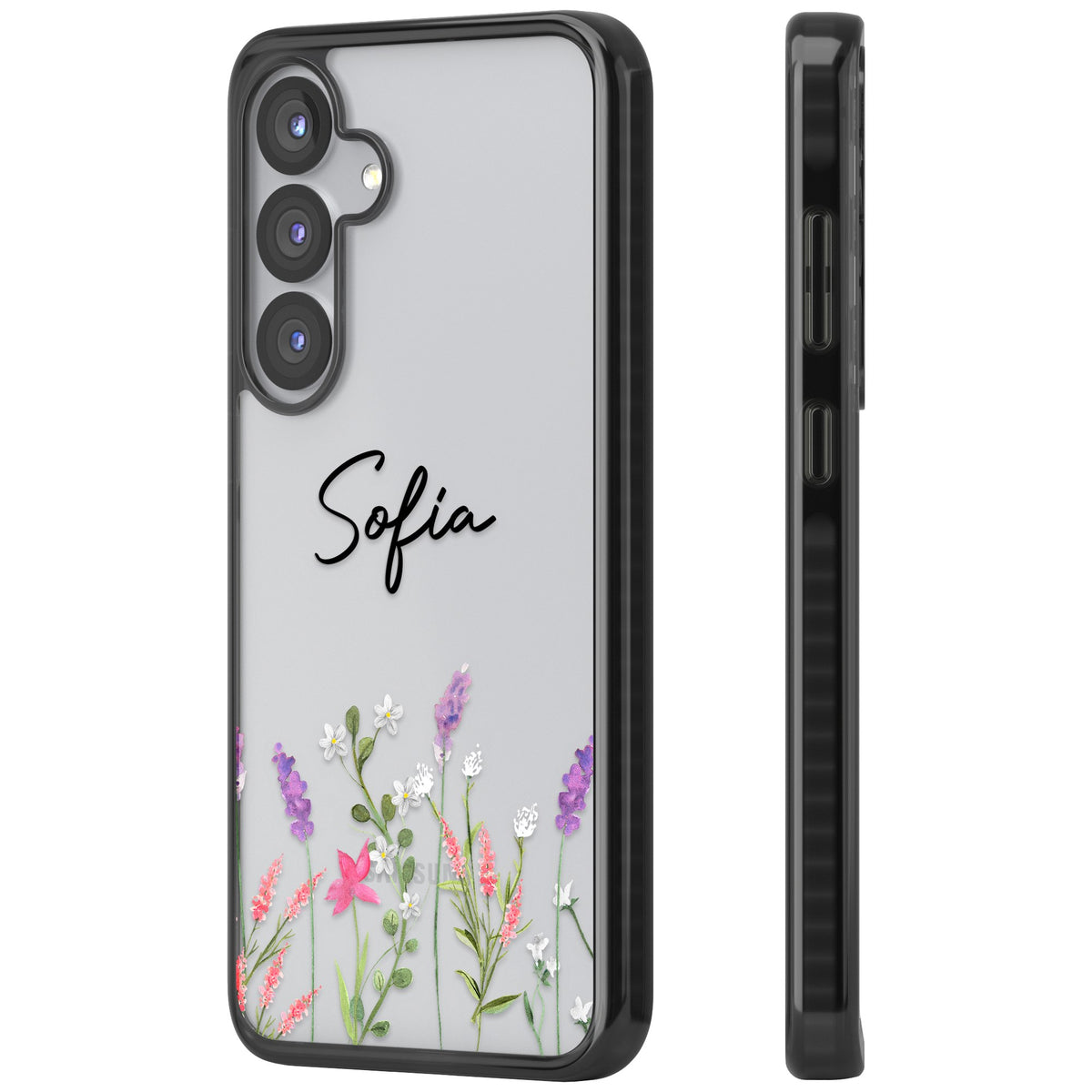 Personalised Lavender Wildflowers Samsung S25 / Samsung S25 Plus / Samsung S26 / Samsung S26 Plus Impact Black Phone Case side