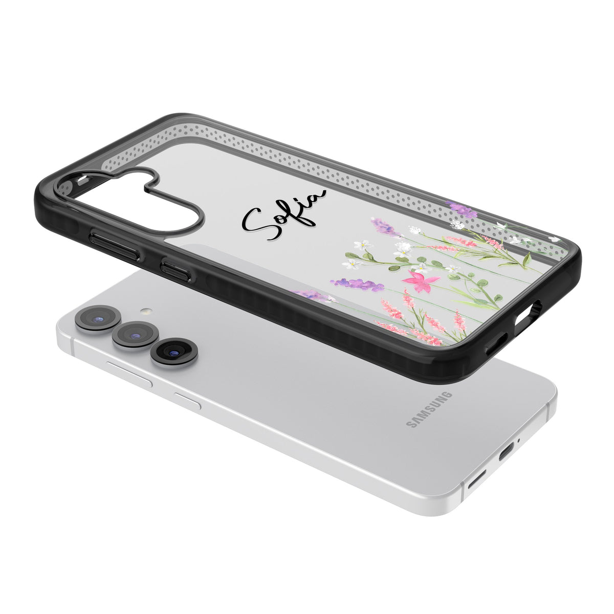 Personalised Lavender Wildflowers Samsung S25 / Samsung S25 Plus / Samsung S26 / Samsung S26 Plus Impact Black Phone Case angled