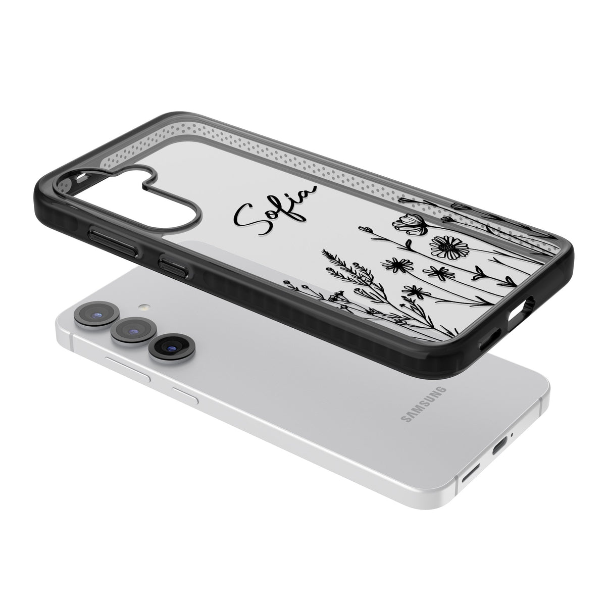 Personalised Black Wildflowers Samsung S25 / Samsung S25 Plus / Samsung S26 / Samsung S26 Plus Impact Black Phone Case angled